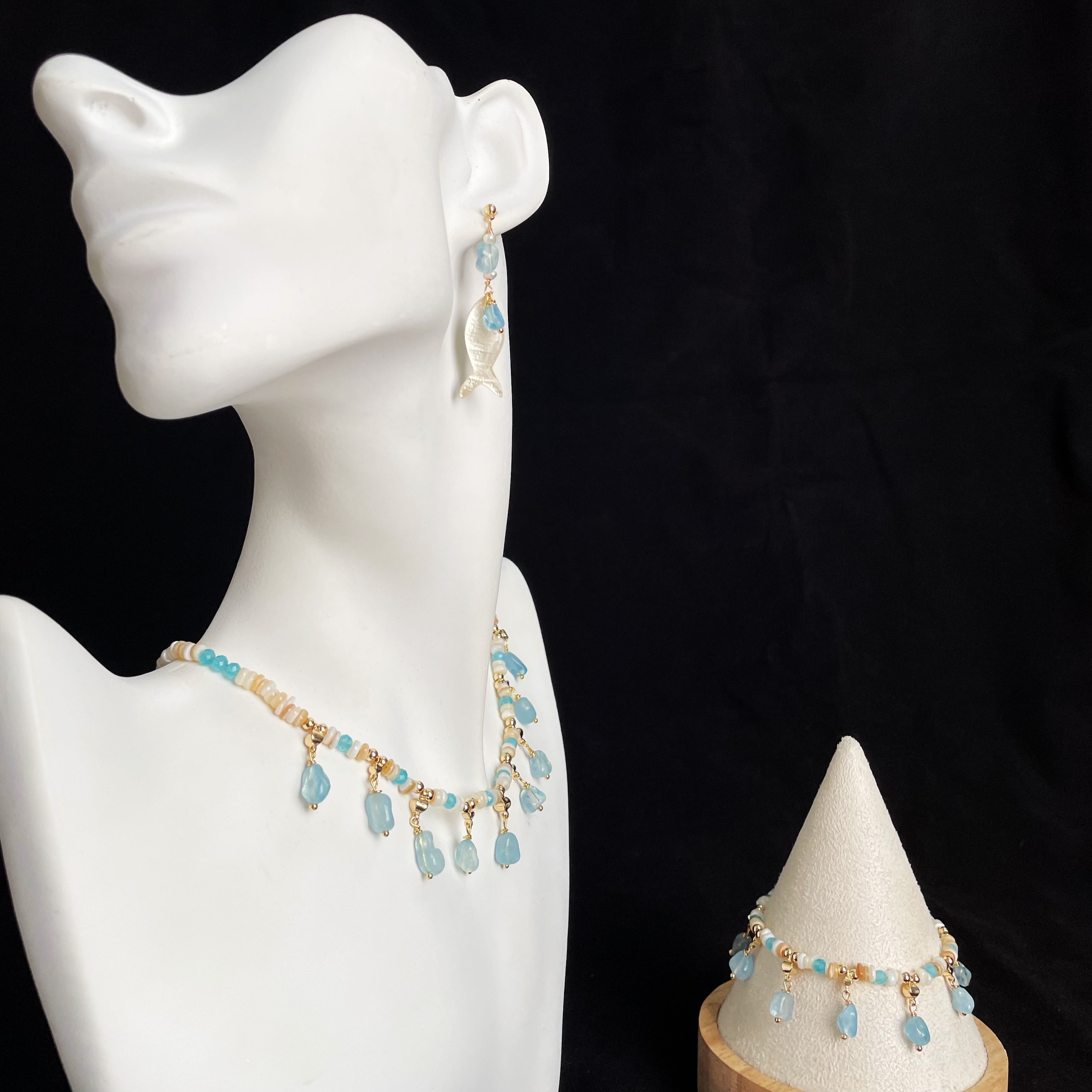 Handcrafted Ocean Whisper blue Gemstone and Shell Beads Necklace