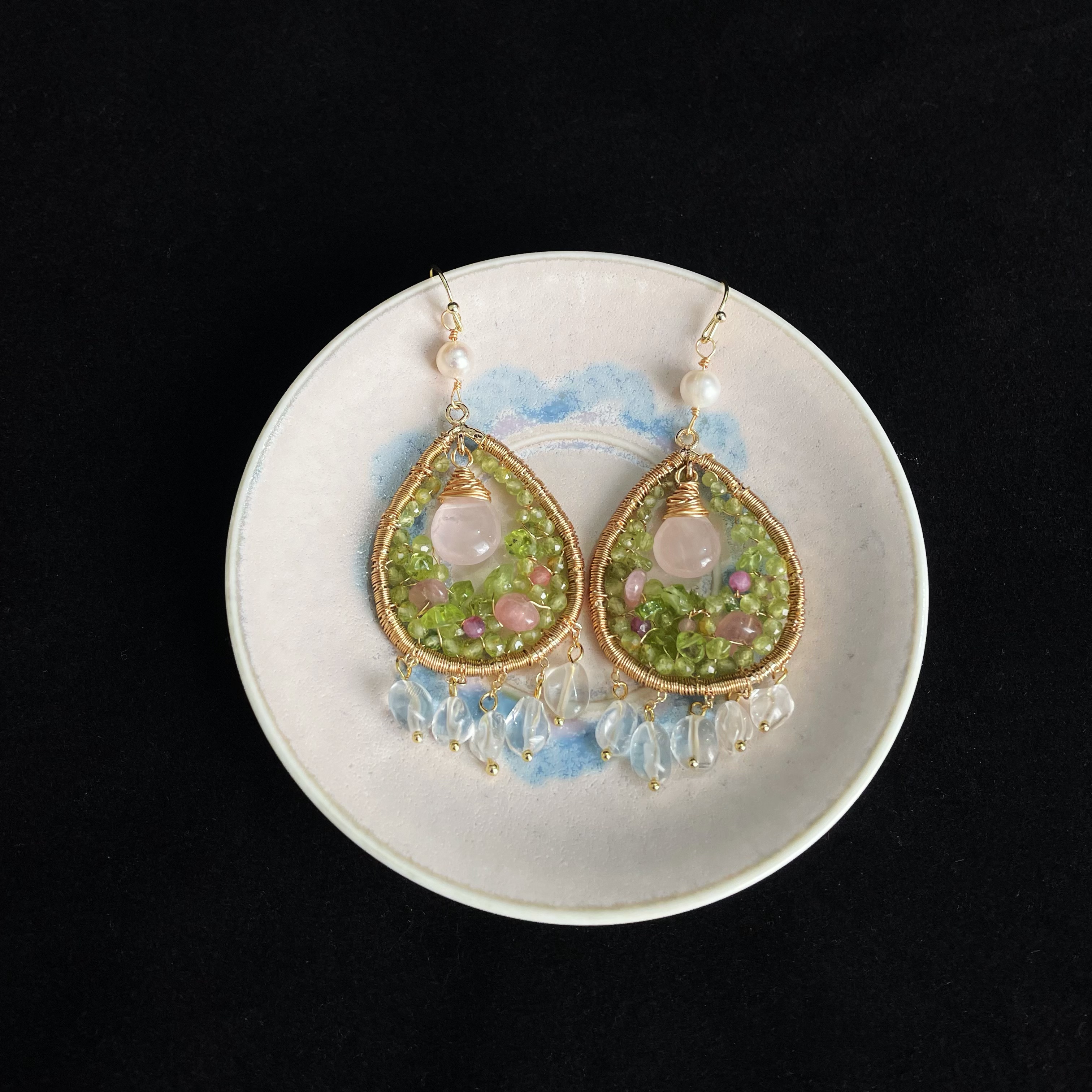 Handcrafted Spring’s Whisper Peridot and Rose Quartz Woven Teardrop Earrings