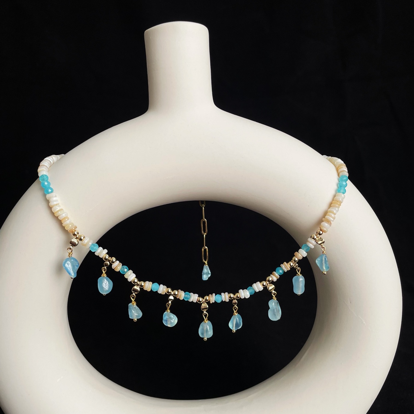 Handcrafted Ocean Whisper blue Gemstone and Shell Beads Necklace