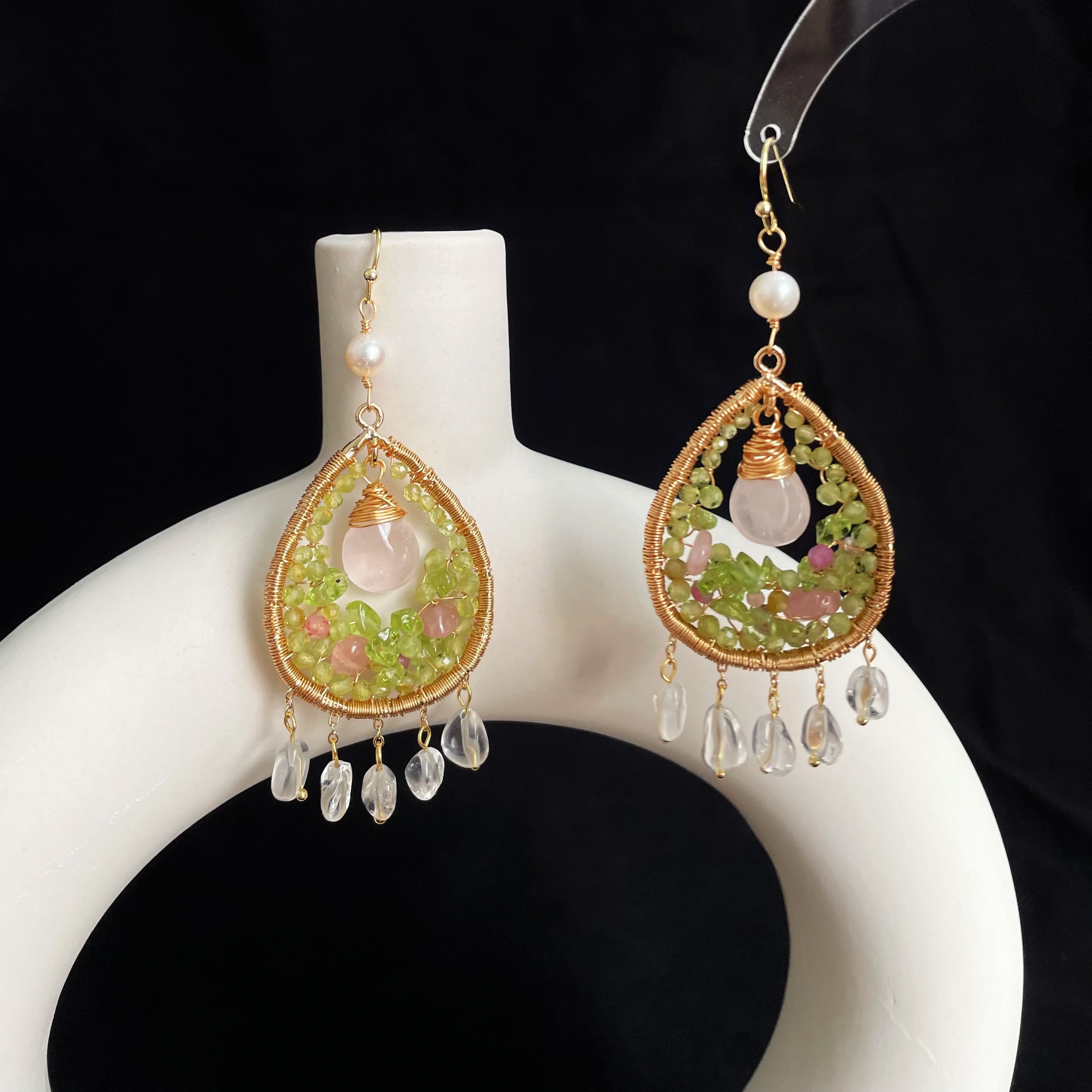 Handcrafted Spring’s Whisper Peridot and Rose Quartz Woven Teardrop Earrings