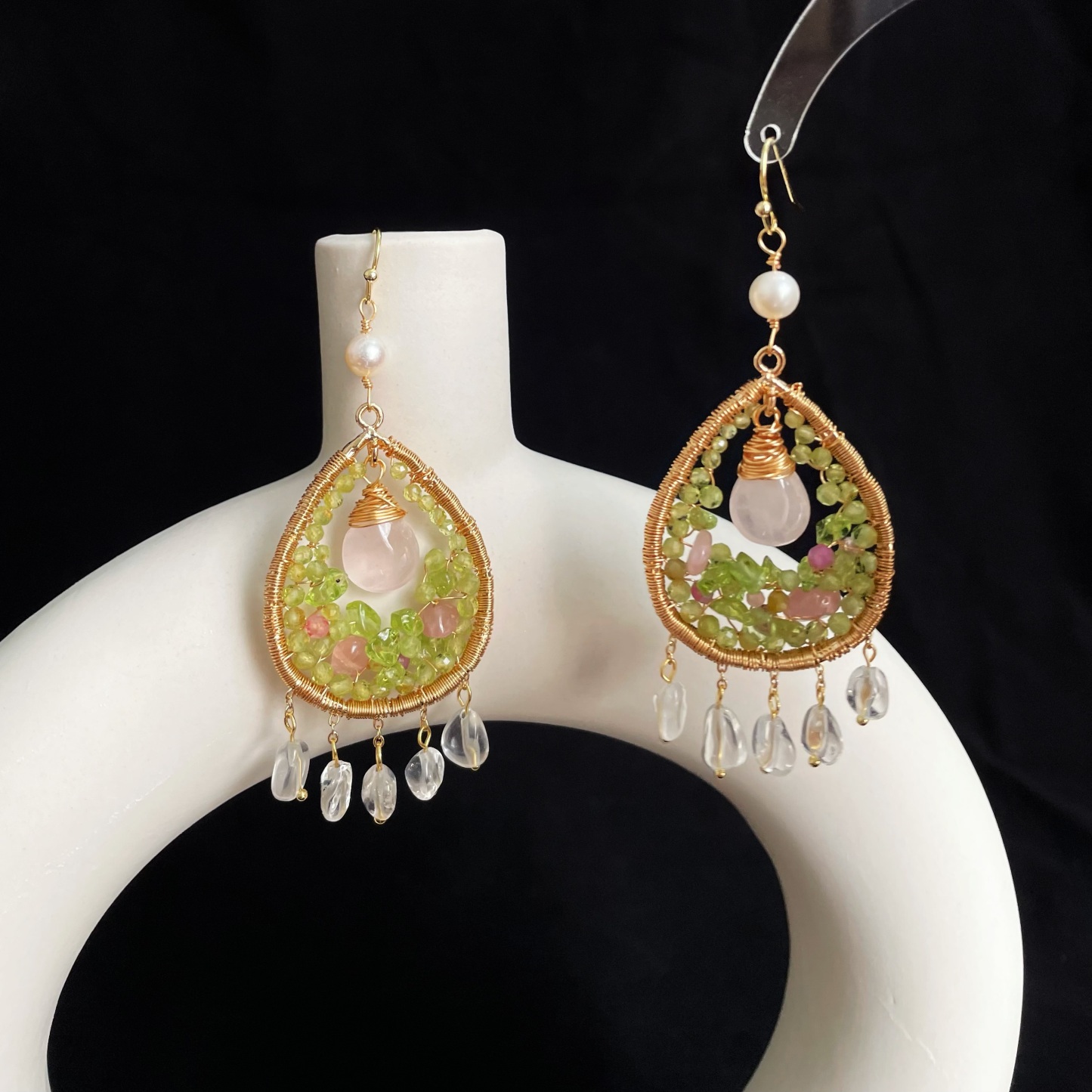Handcrafted Spring’s Whisper Peridot and Rose Quartz Woven Teardrop Earrings
