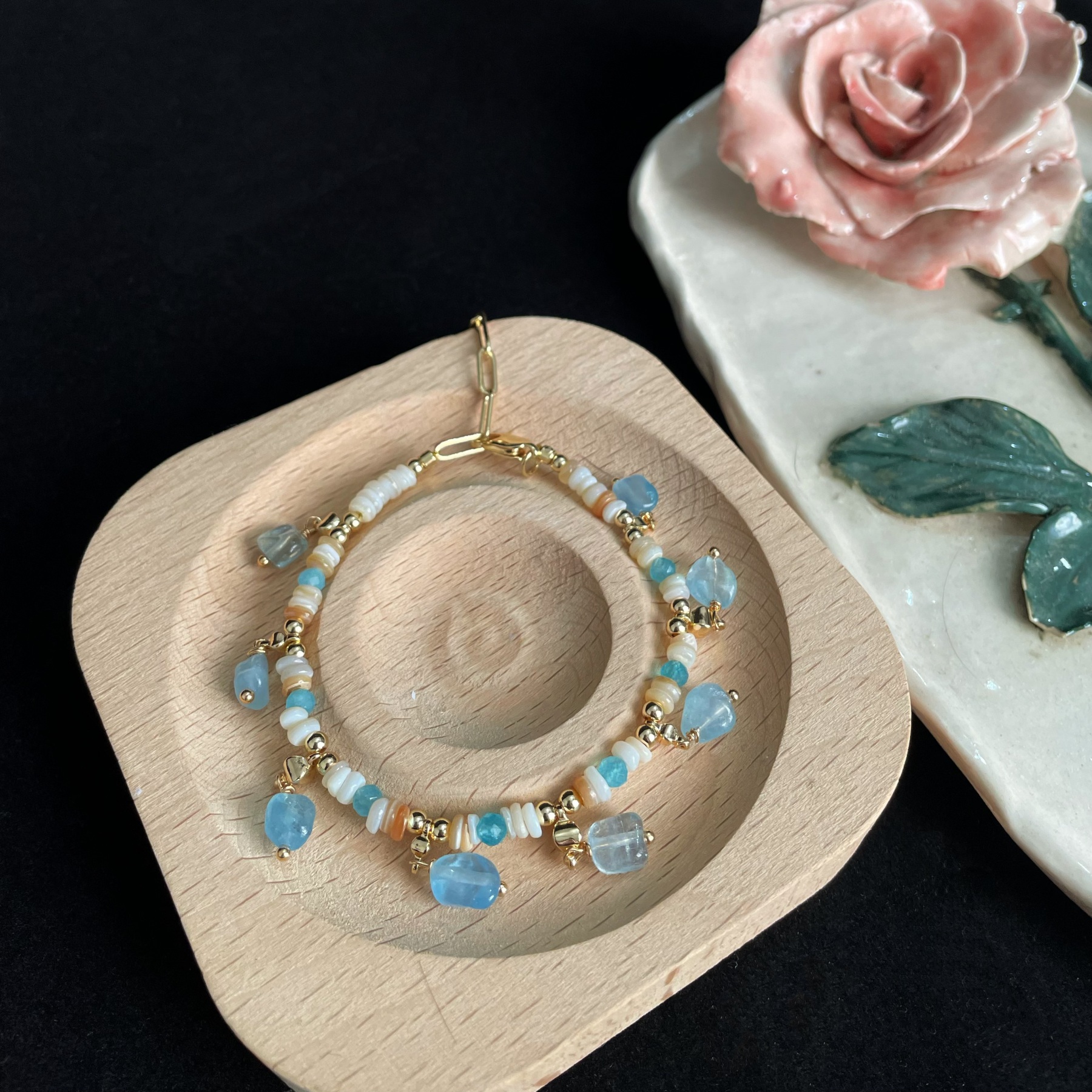 Handcrafted Ocean Breeze Blue gemstone and shell beads Bracelet