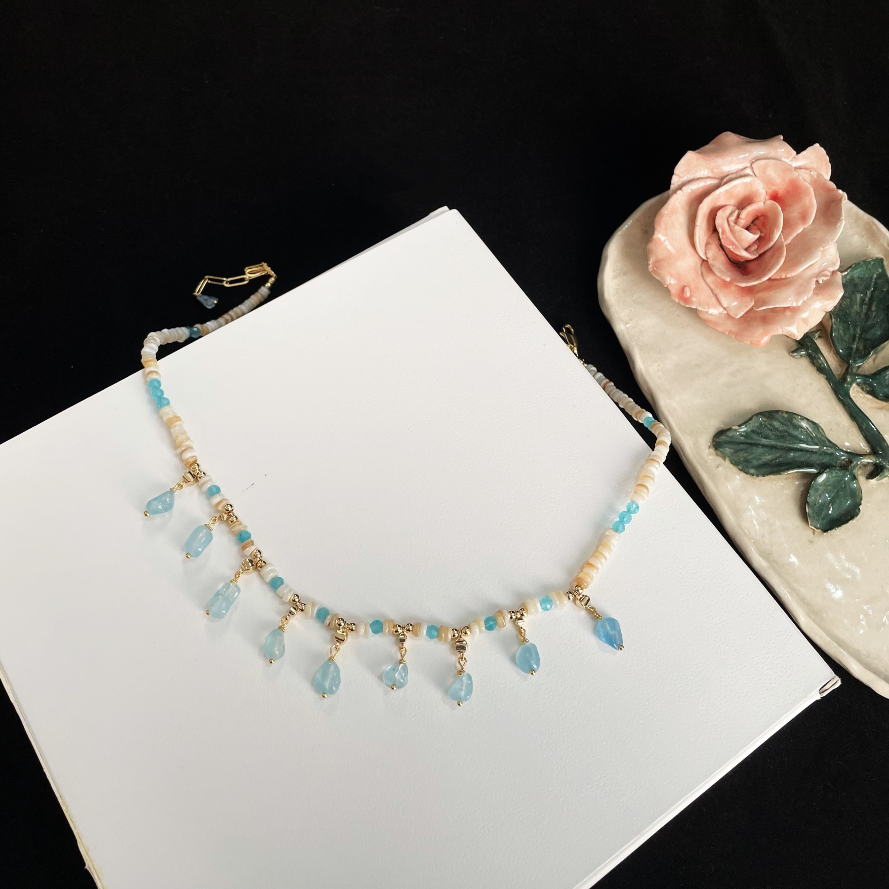 Handcrafted Ocean Whisper blue Gemstone and Shell Beads Necklace