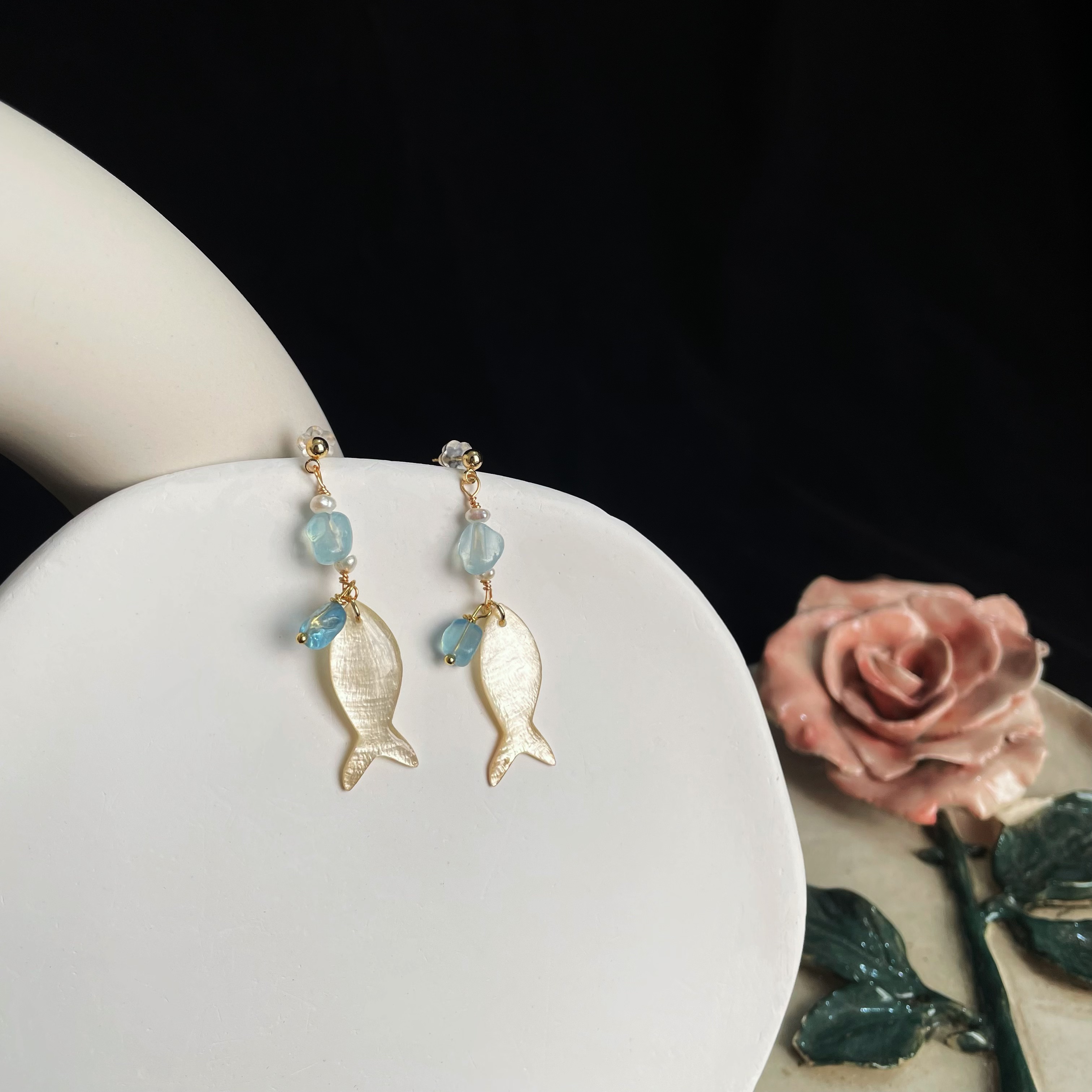 Handcrafted Ocean’s Whisper Aquamarine and Fish Earrings 