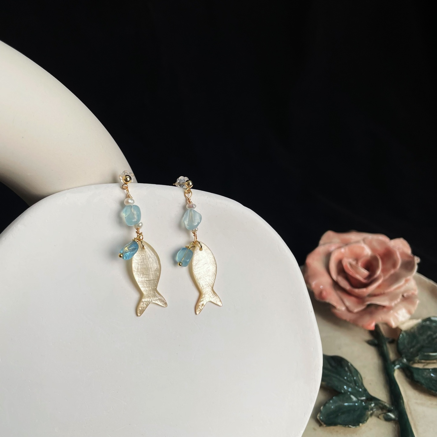 Handcrafted Ocean’s Whisper Aquamarine and Fish Earrings 