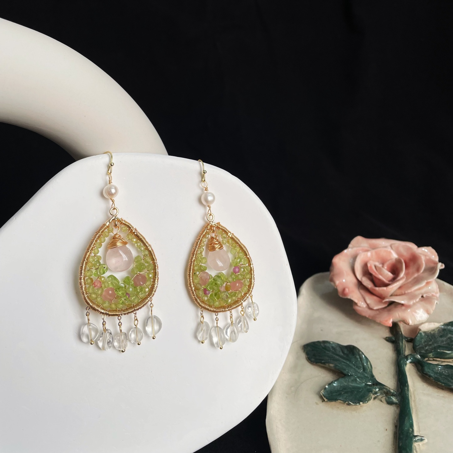 Handcrafted Spring’s Whisper Peridot and Rose Quartz Woven Teardrop Earrings