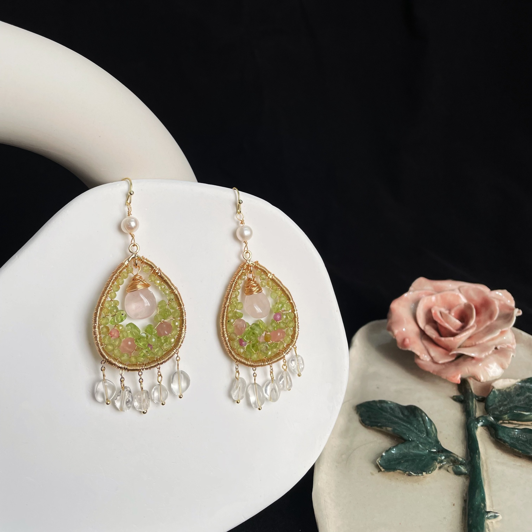 Handcrafted Spring’s Whisper Peridot and Rose Quartz Woven Teardrop Earrings