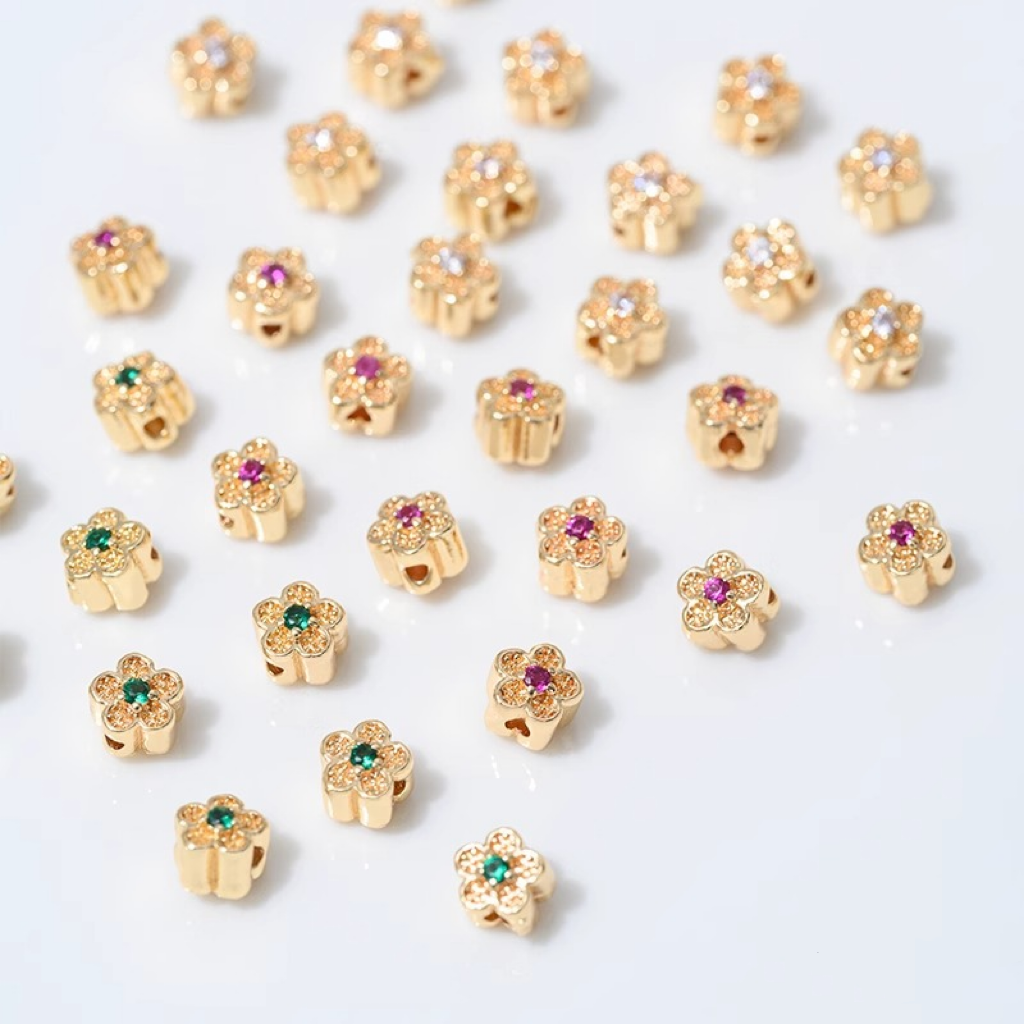 Colored  Cubic Zirconia Inlaid 14k Gold Plated Lace Hollow Flower Spacer Bead