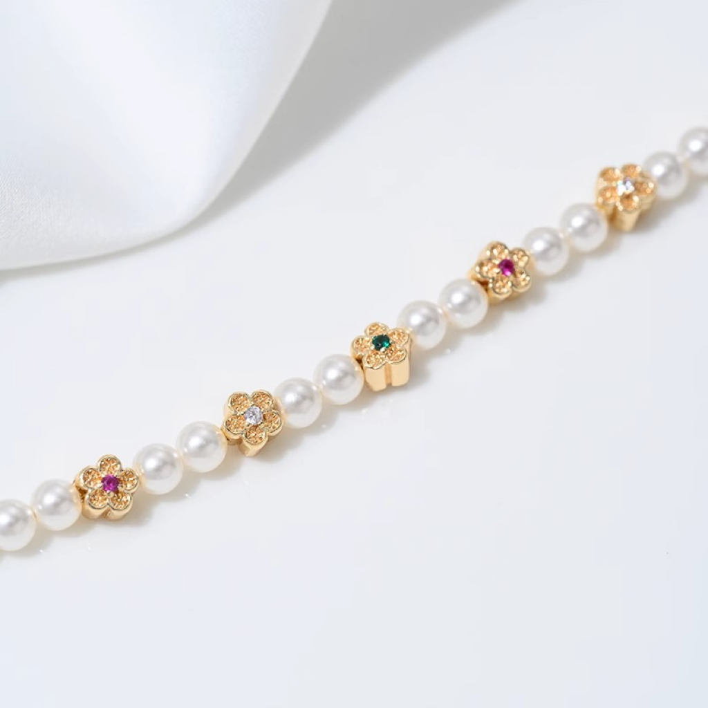 Colored  Cubic Zirconia Inlaid 14k Gold Plated Lace Hollow Flower Spacer Bead