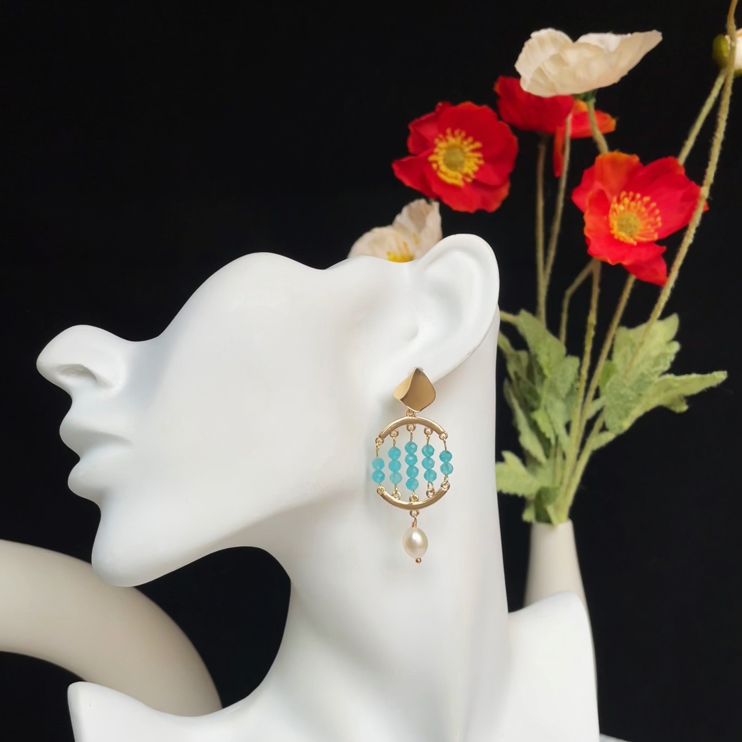 Handmade Blue Gemstone with Pearl Drop Azure Tide Earrings 