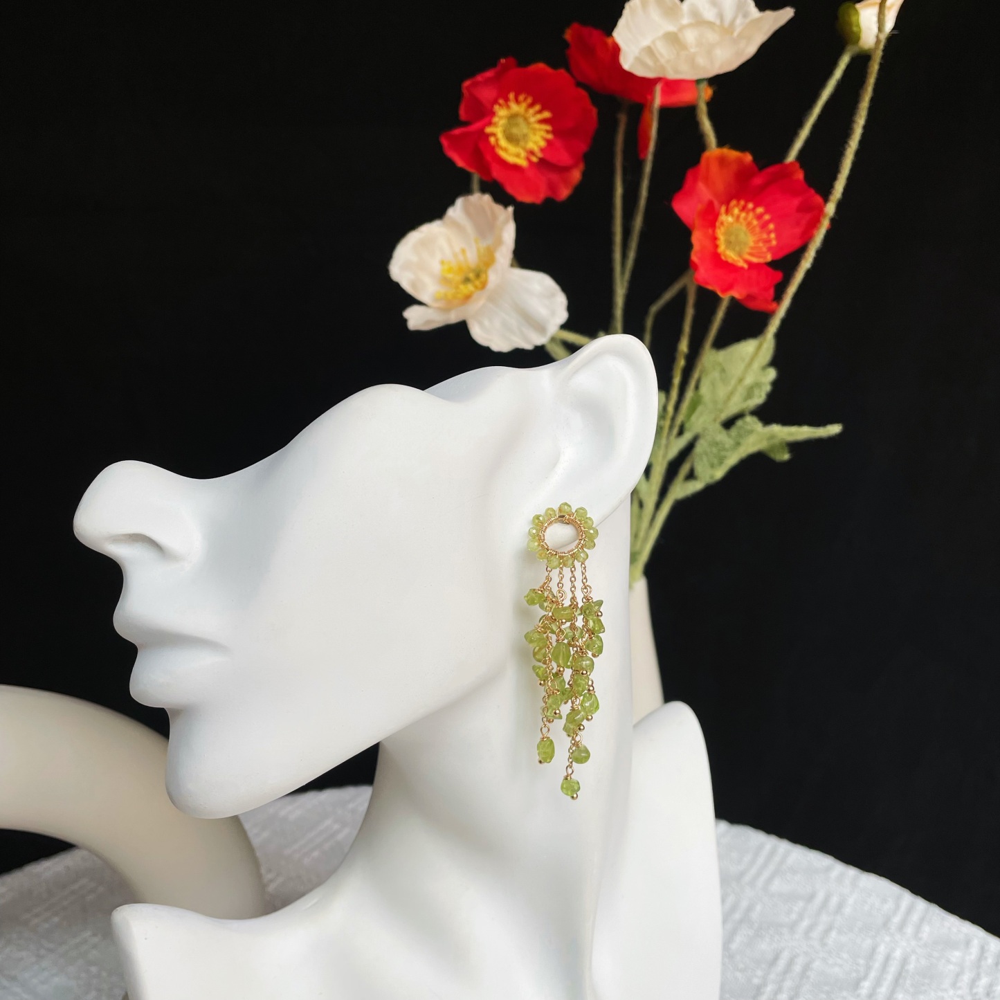 Handmade Peridot Tassel Drop Weeping Willow Earrings