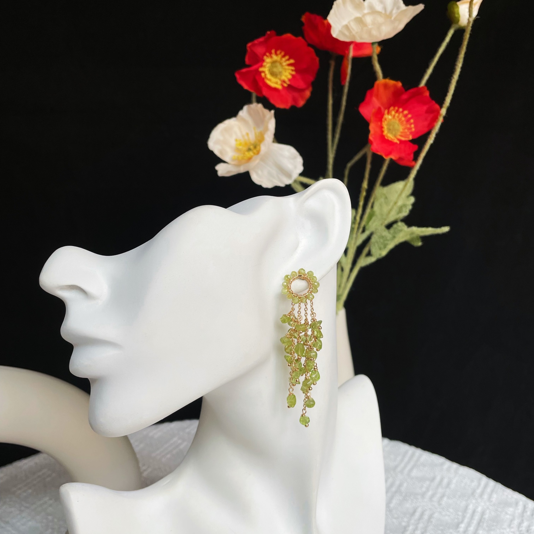 Handmade Peridot Tassel Drop Weeping Willow Earrings