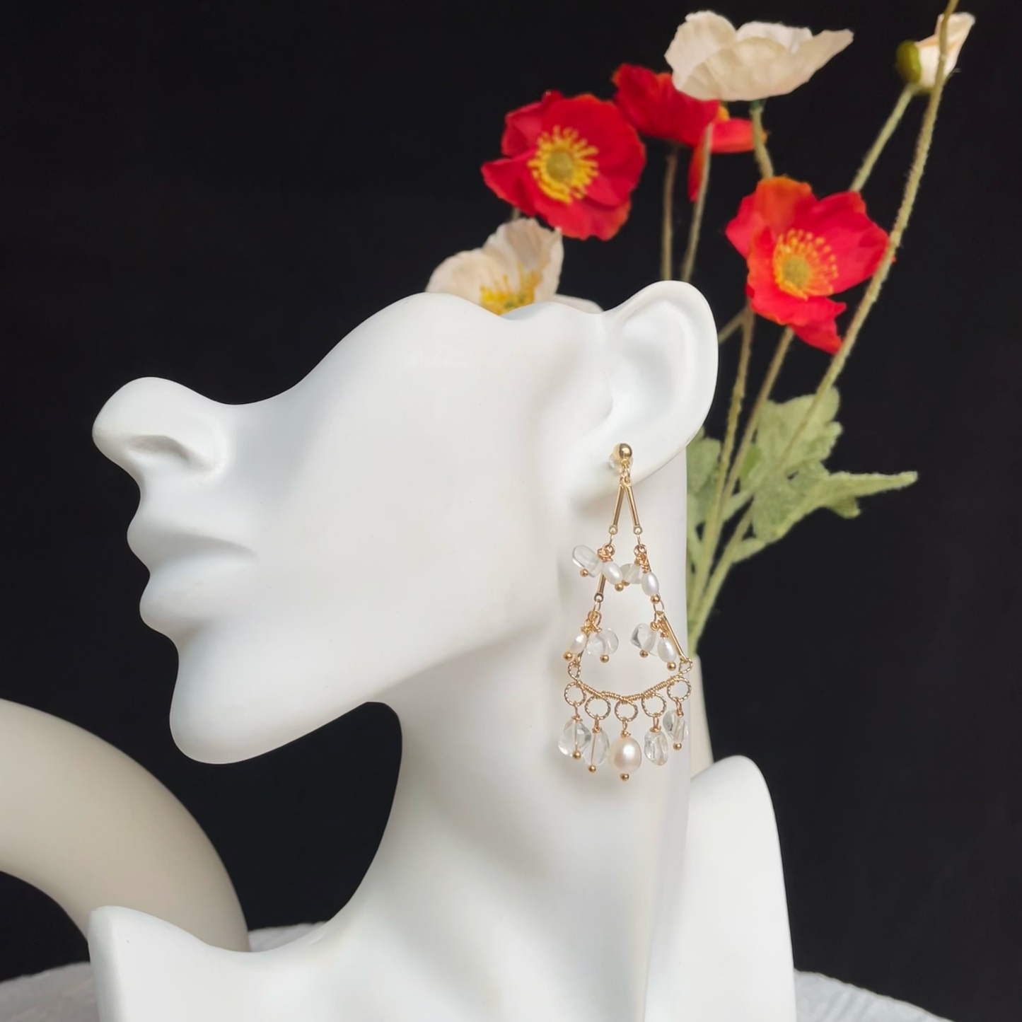 Handmade Clear Quartz and pearls Raindrop Elegance Earrings 