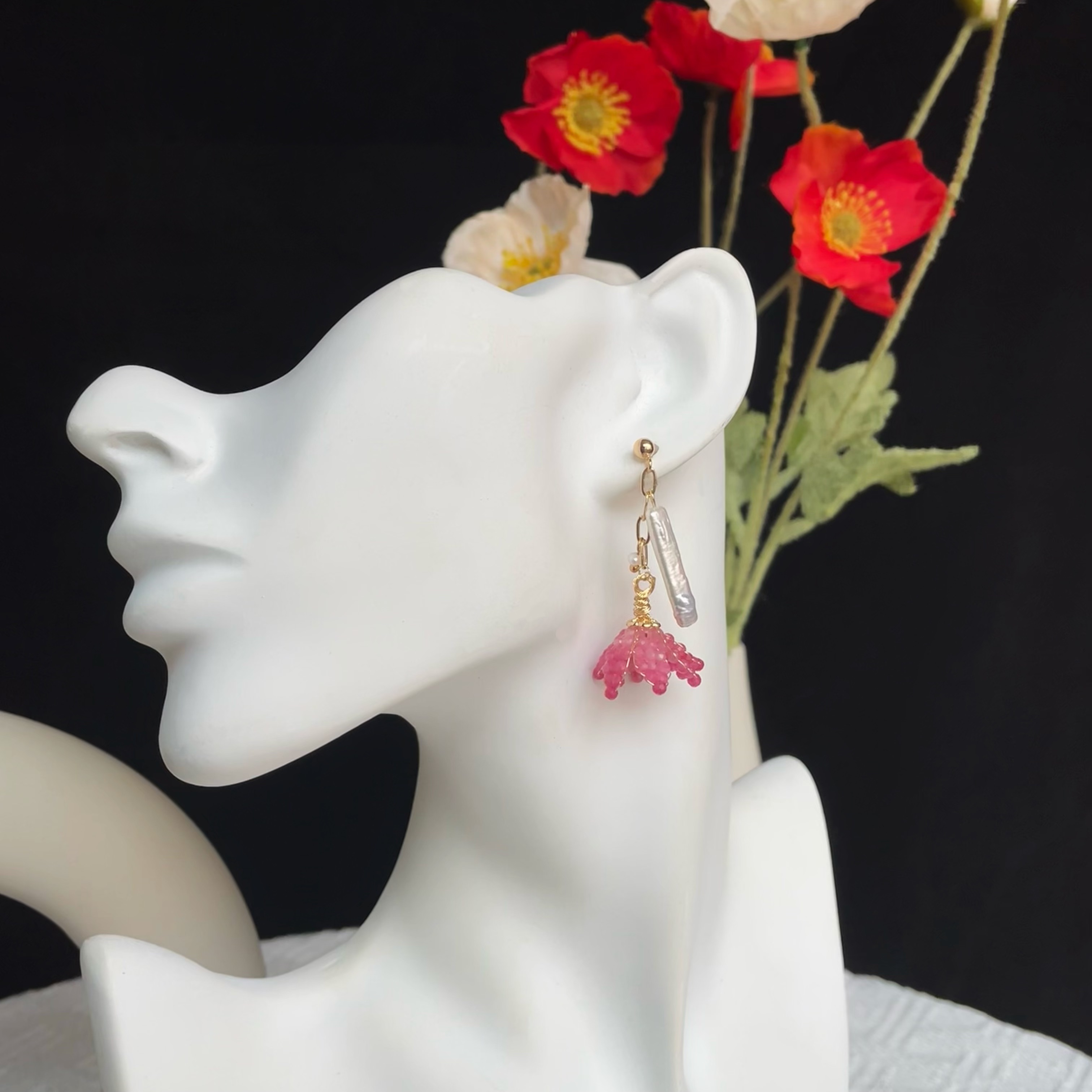 Handmade Pink Tourmaline and Baroque Pearls Blush Bloom Earrings 