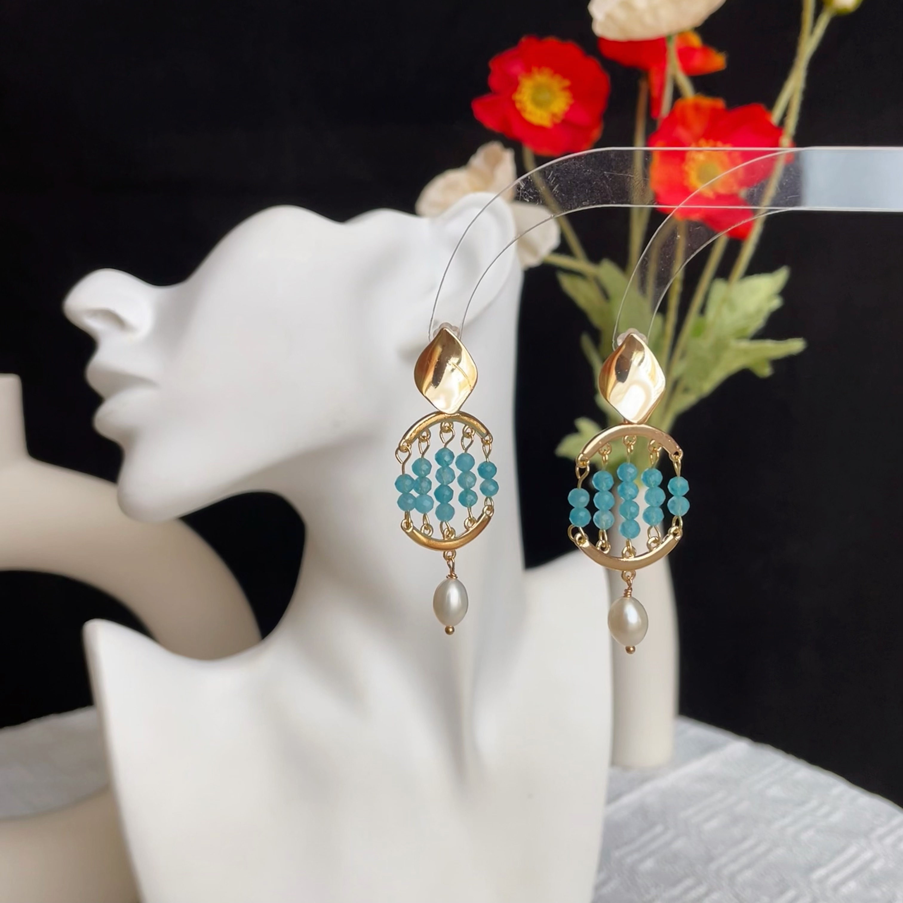 Handmade Blue Gemstone with Pearl Drop Azure Tide Earrings 