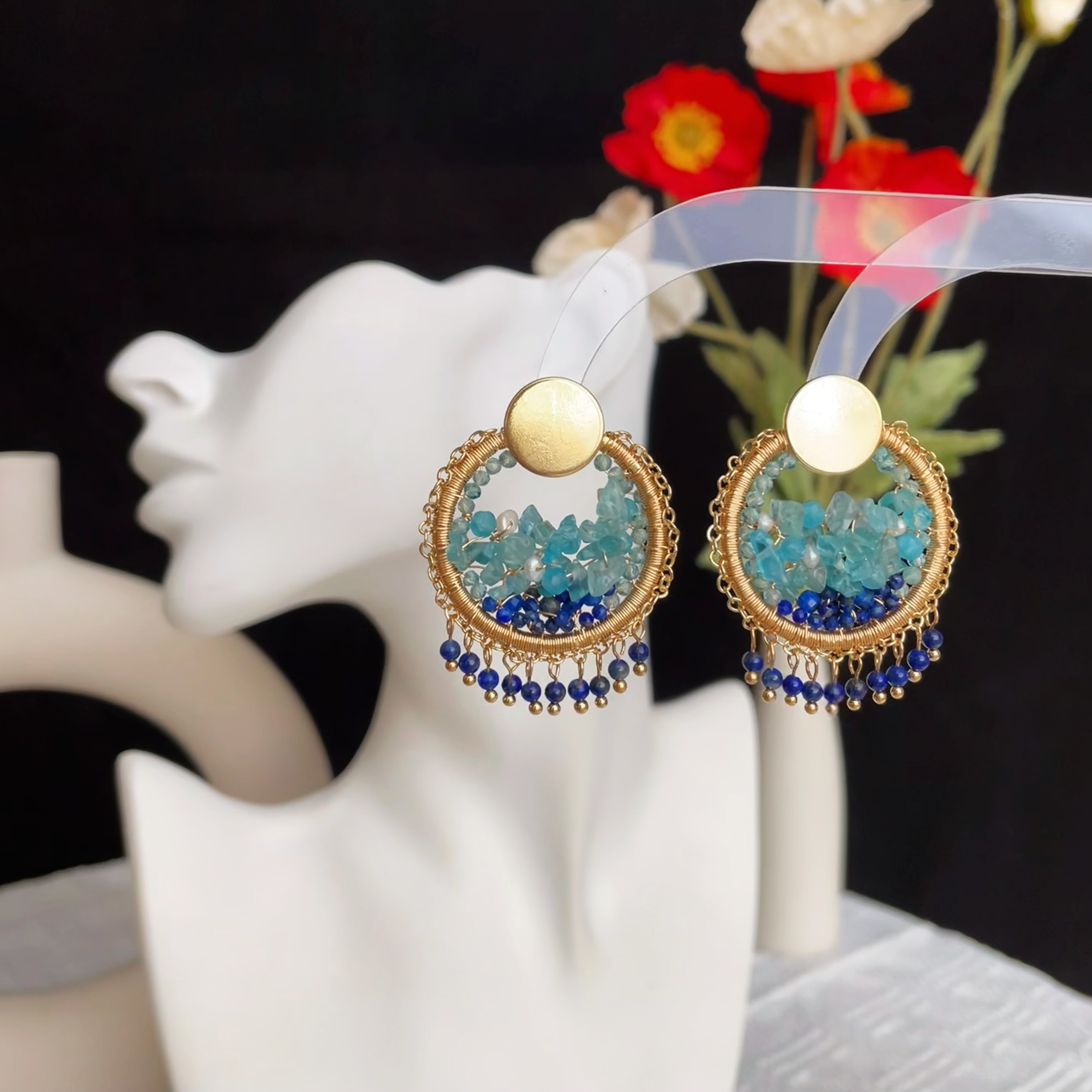 Handmade Lapis Lazuli and Blue Apatite Woven Golden Sea Earrings