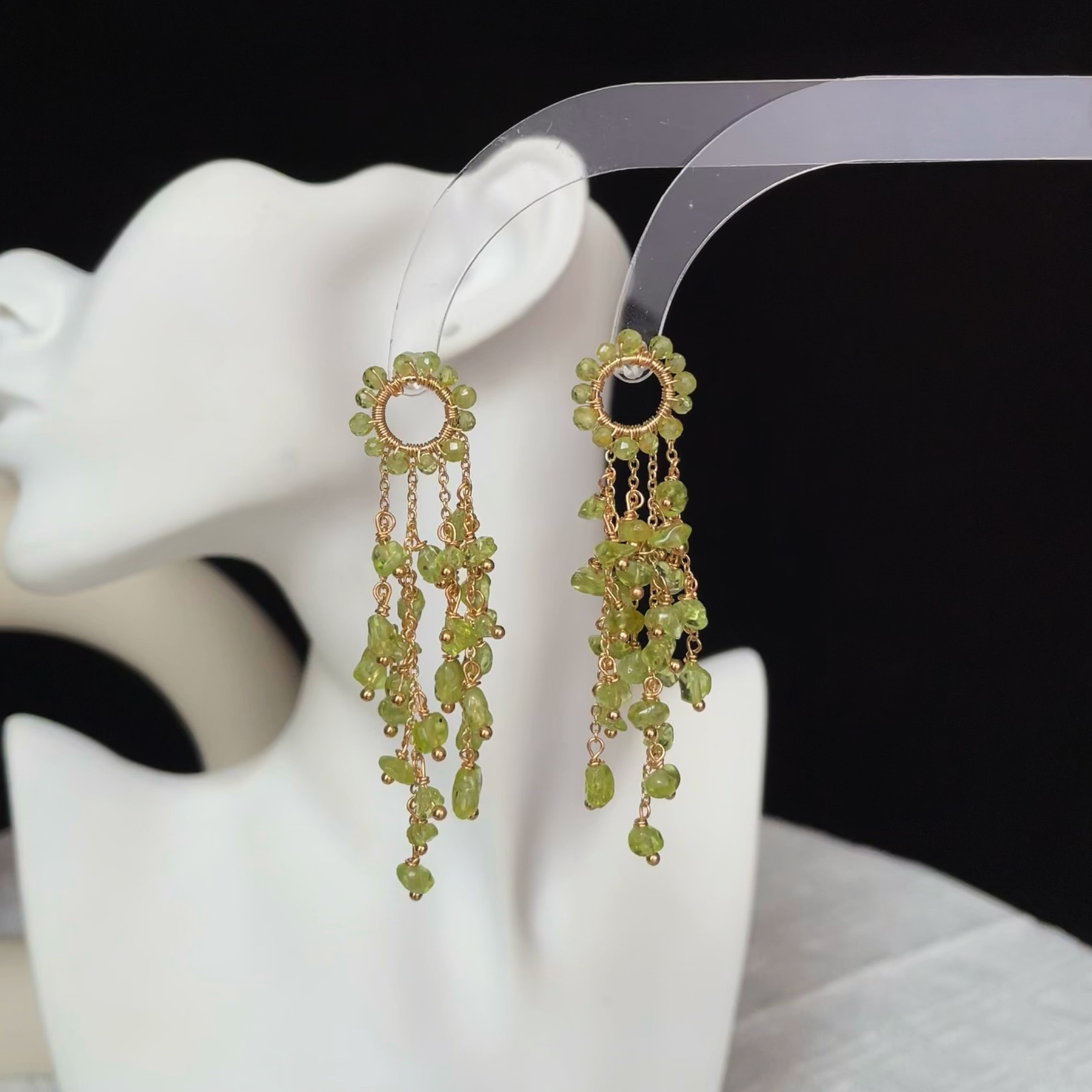 Handmade Peridot Tassel Drop Weeping Willow Earrings
