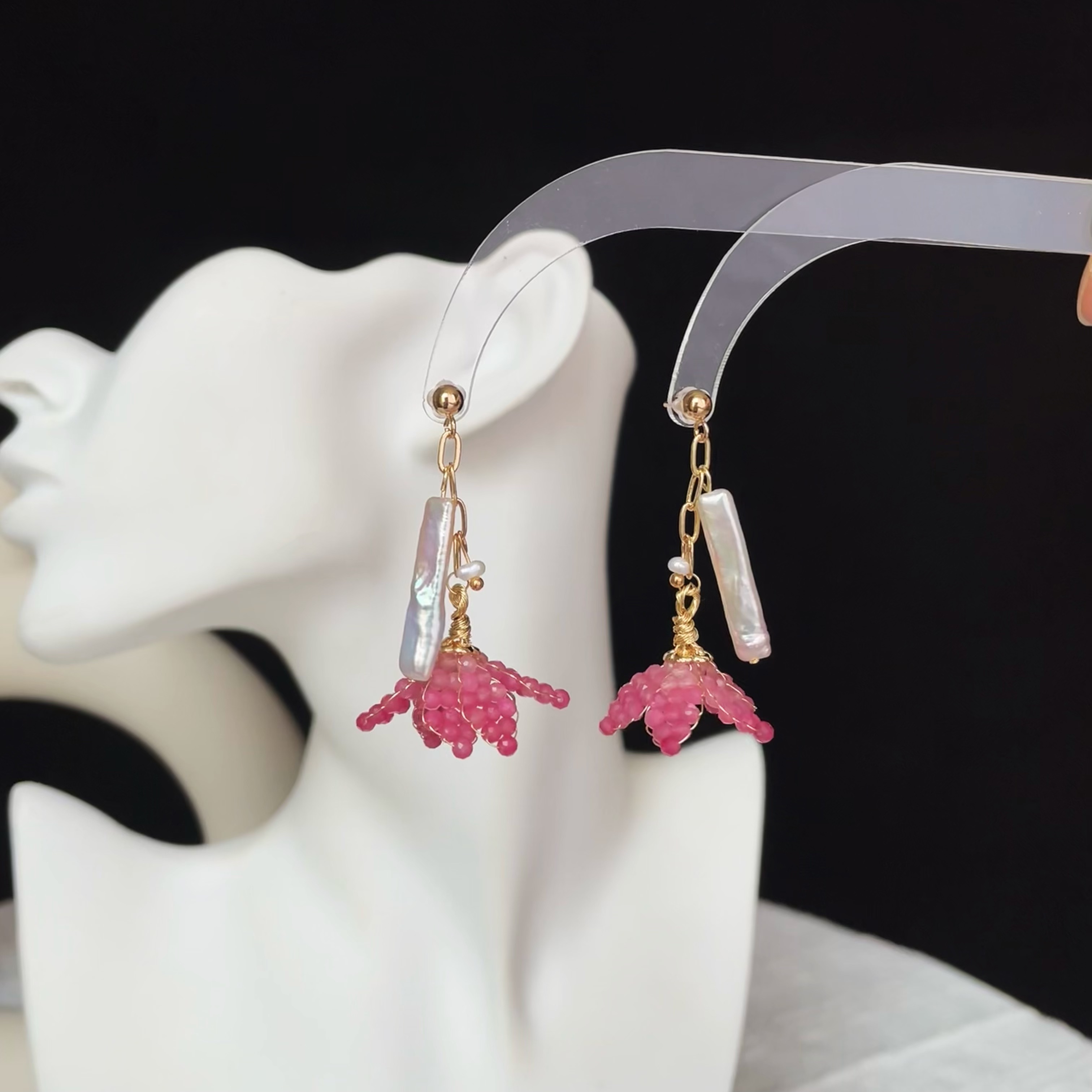 Handmade Pink Tourmaline and Baroque Pearls Blush Bloom Earrings 