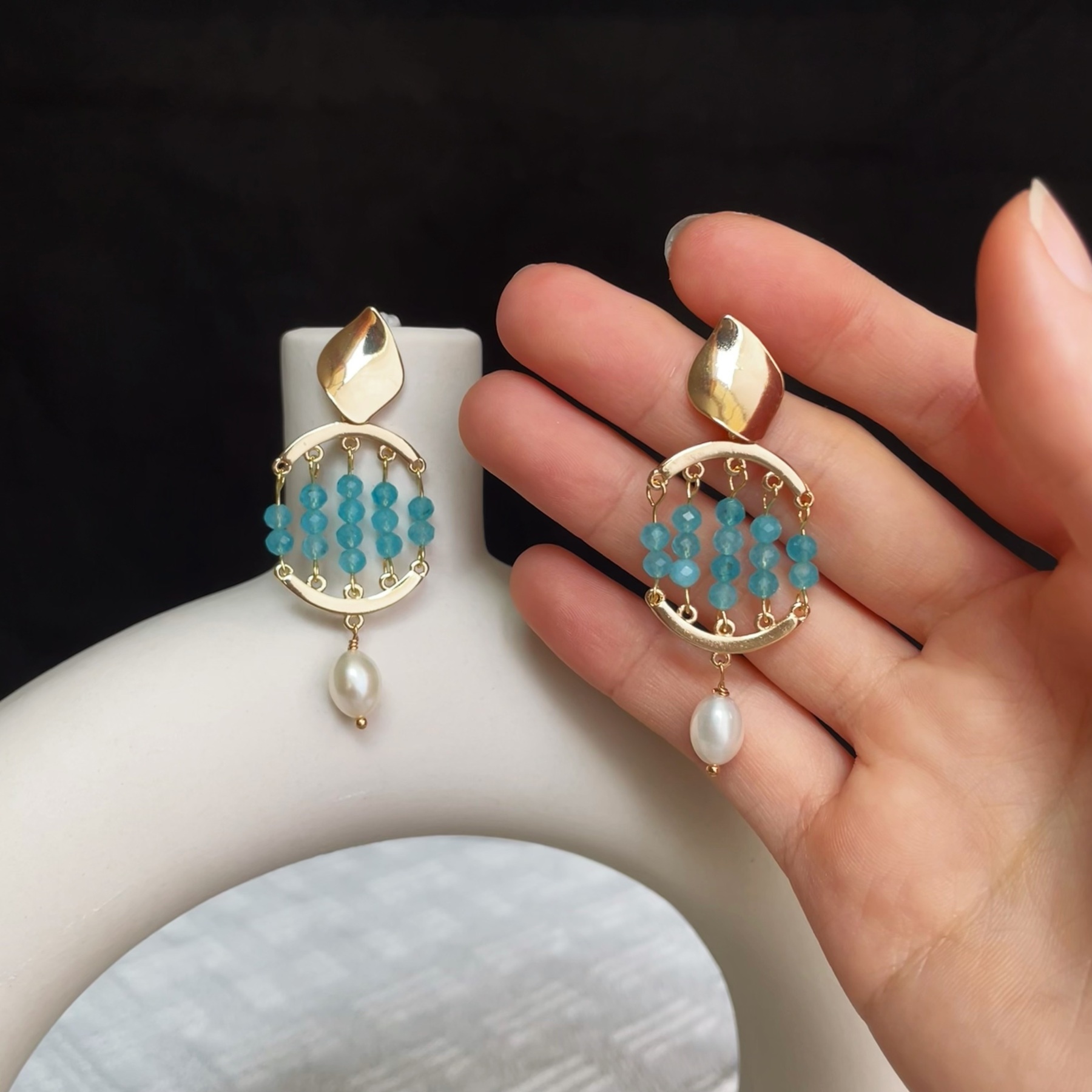 Handmade Blue Gemstone with Pearl Drop Azure Tide Earrings 