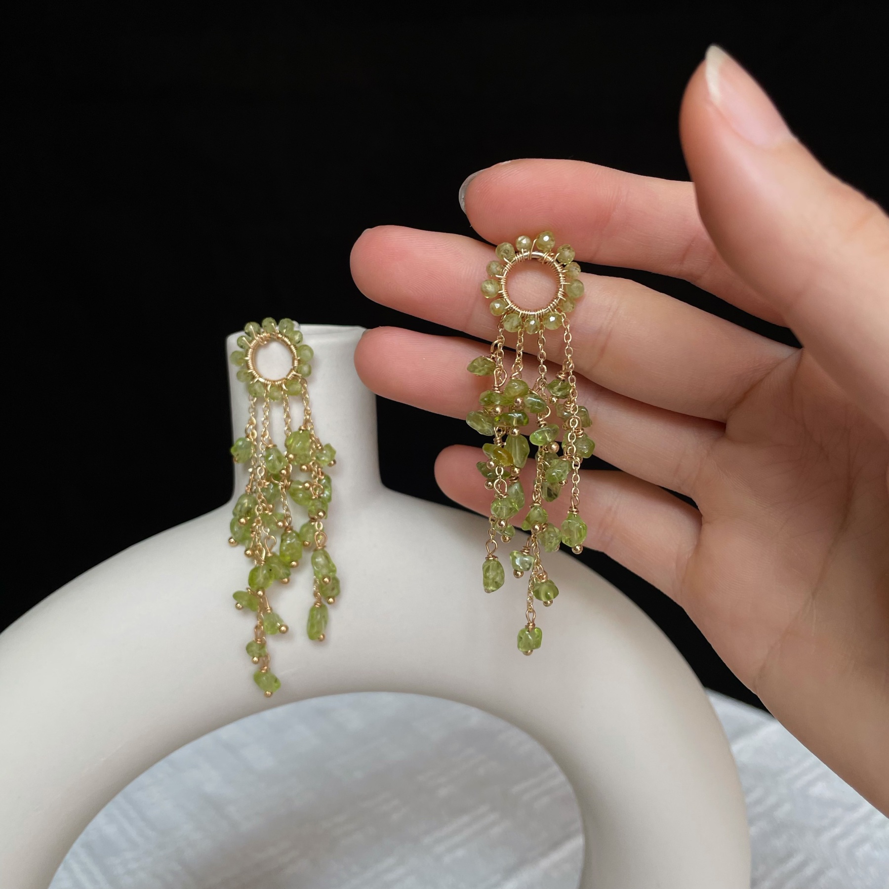 Handmade Peridot Tassel Drop Weeping Willow Earrings