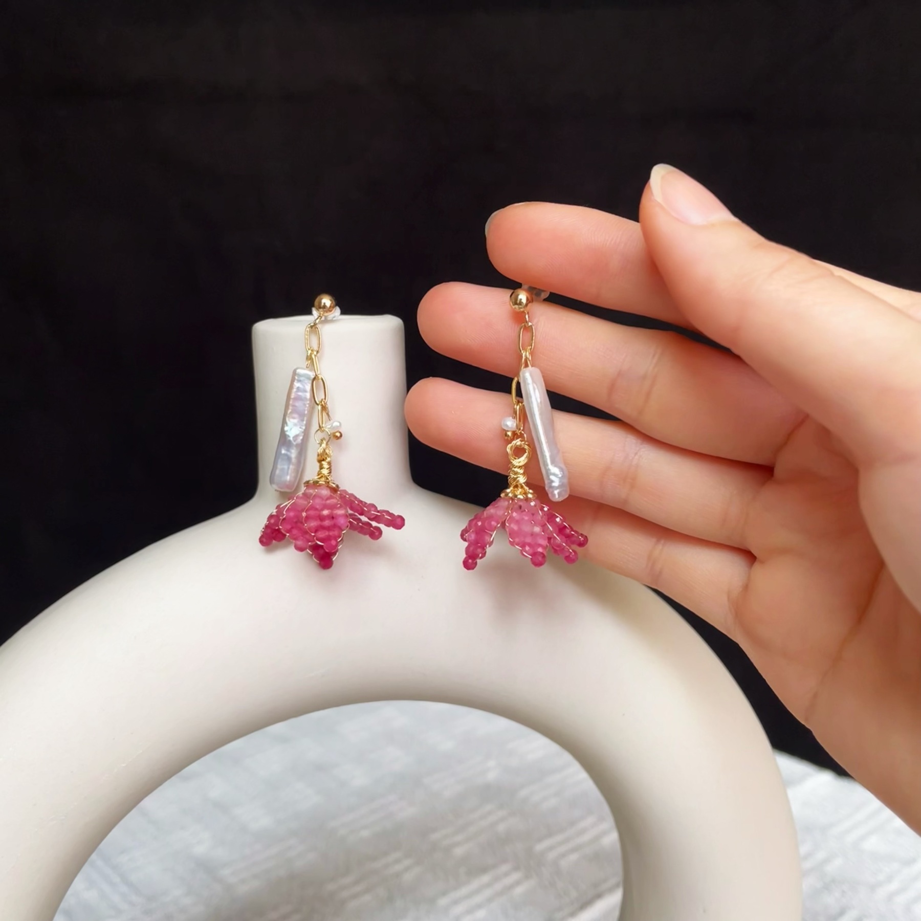 Handmade Pink Tourmaline and Baroque Pearls Blush Bloom Earrings 
