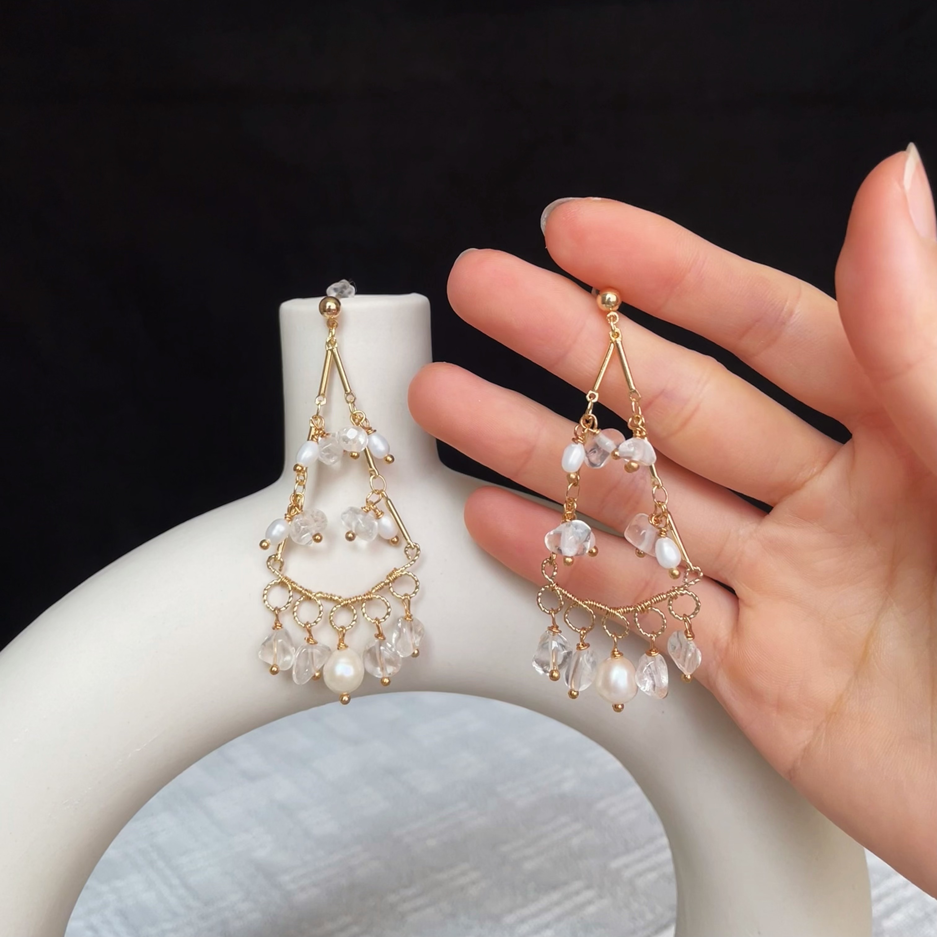 Handmade Clear Quartz and pearls Raindrop Elegance Earrings 