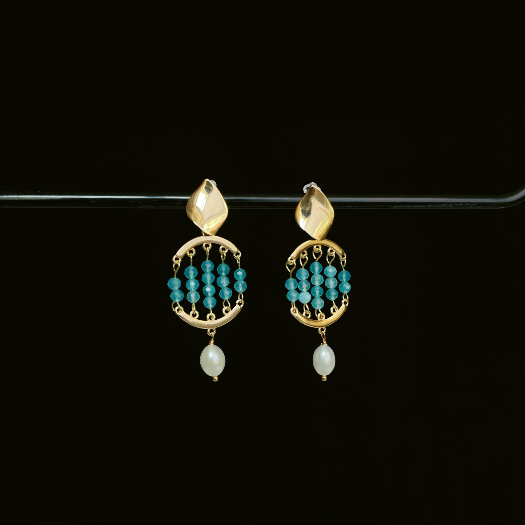 Handmade Blue Gemstone with Pearl Drop Azure Tide Earrings 