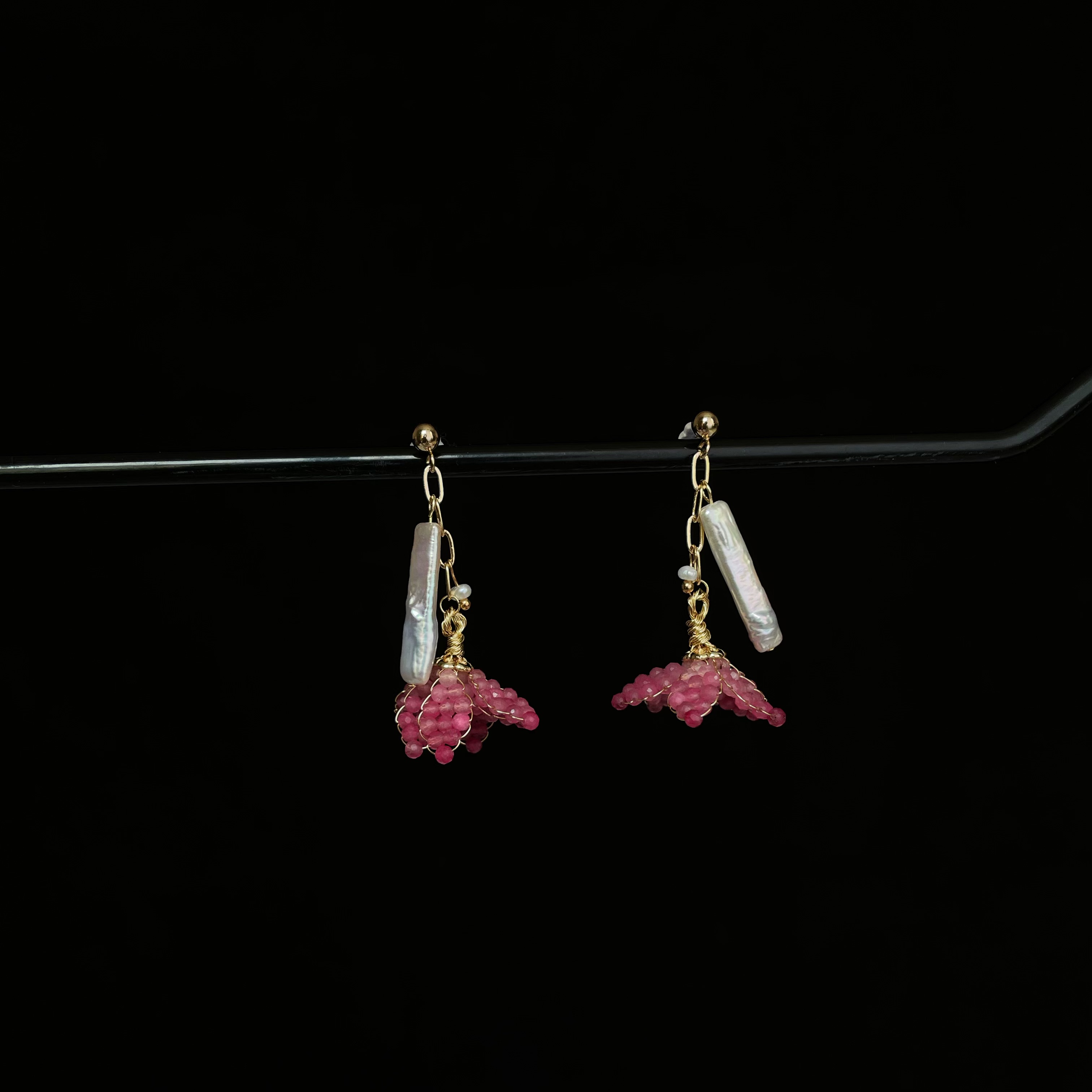 Handmade Pink Tourmaline and Baroque Pearls Blush Bloom Earrings 