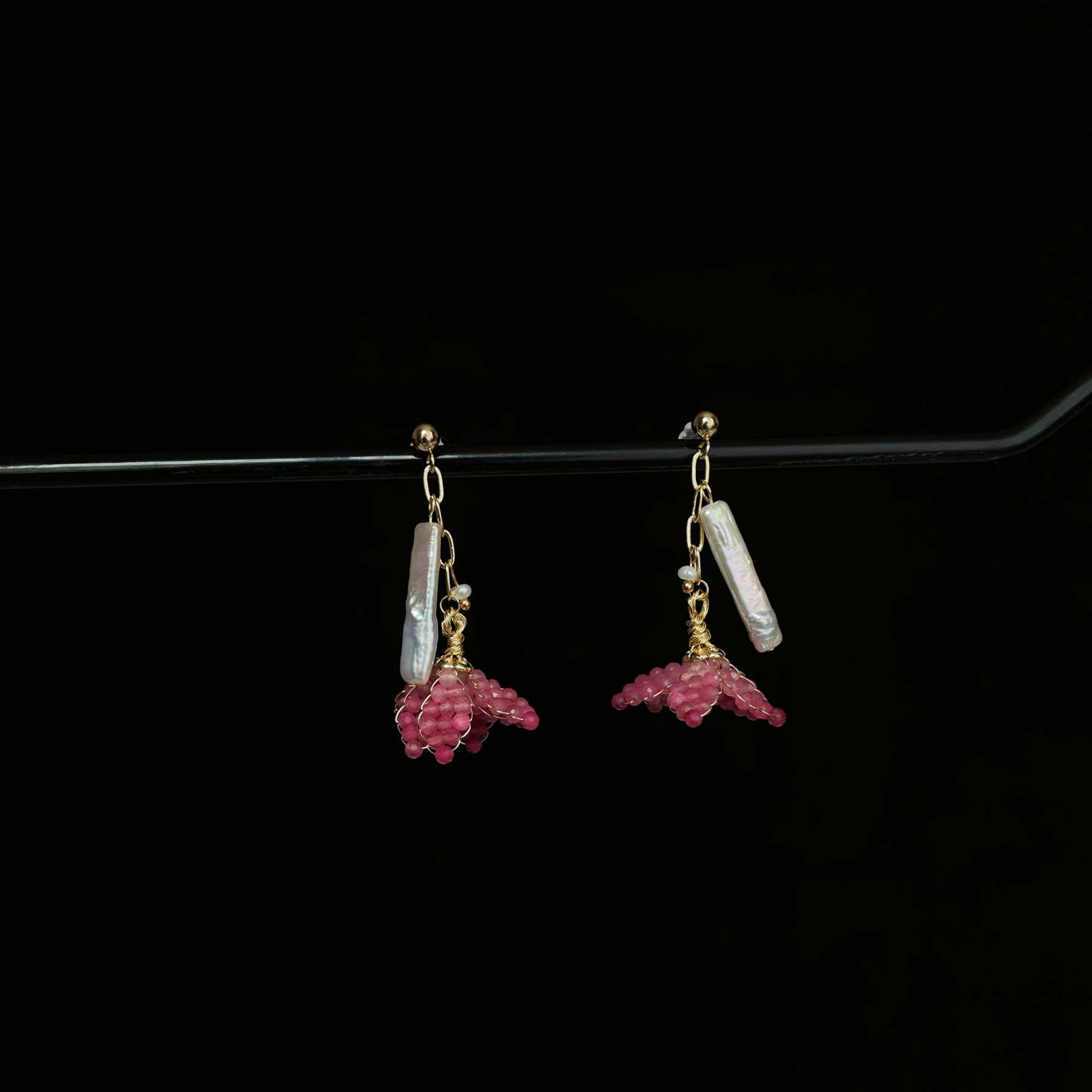 Handmade Pink Tourmaline and Baroque Pearls Blush Bloom Earrings 