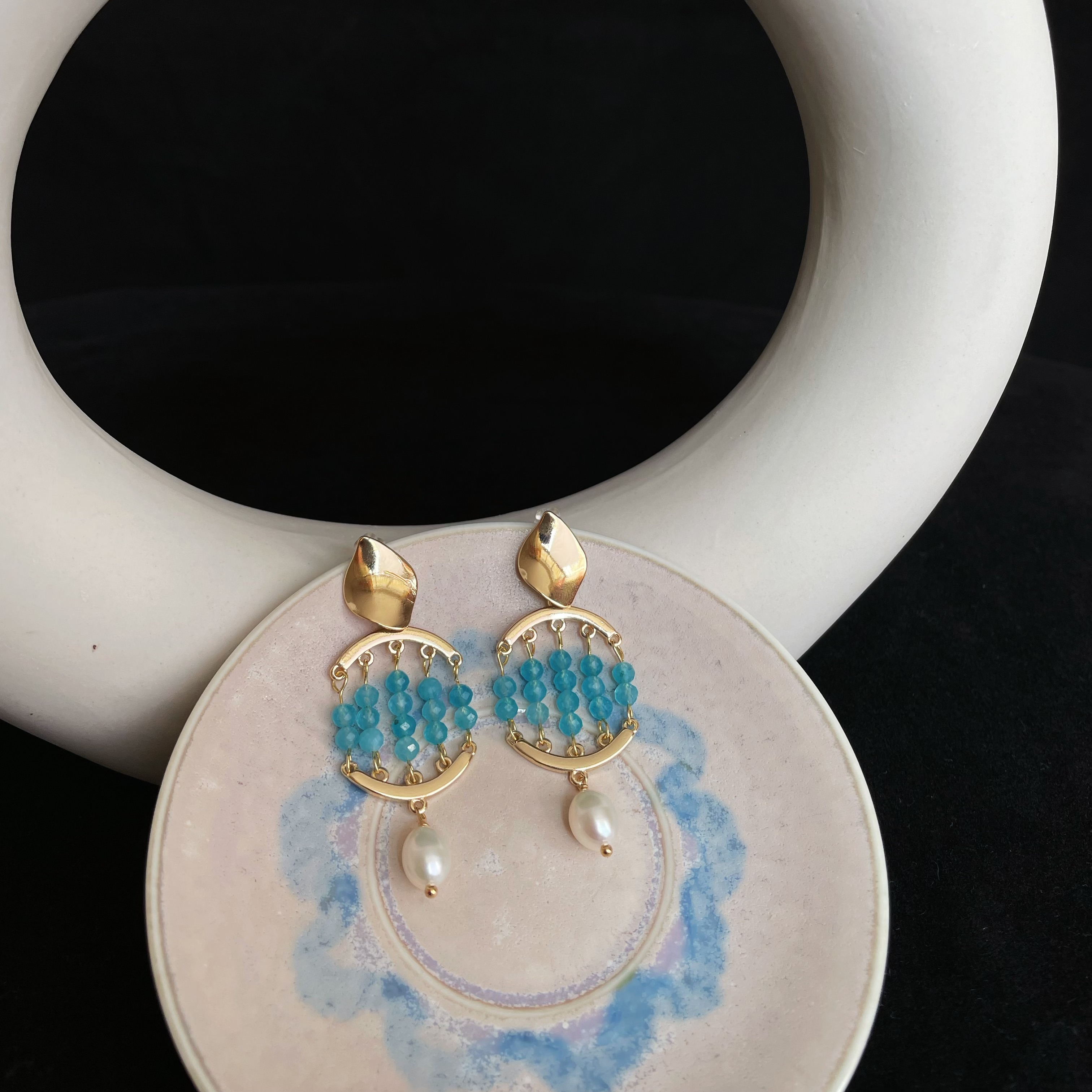 Handmade Blue Gemstone with Pearl Drop Azure Tide Earrings 