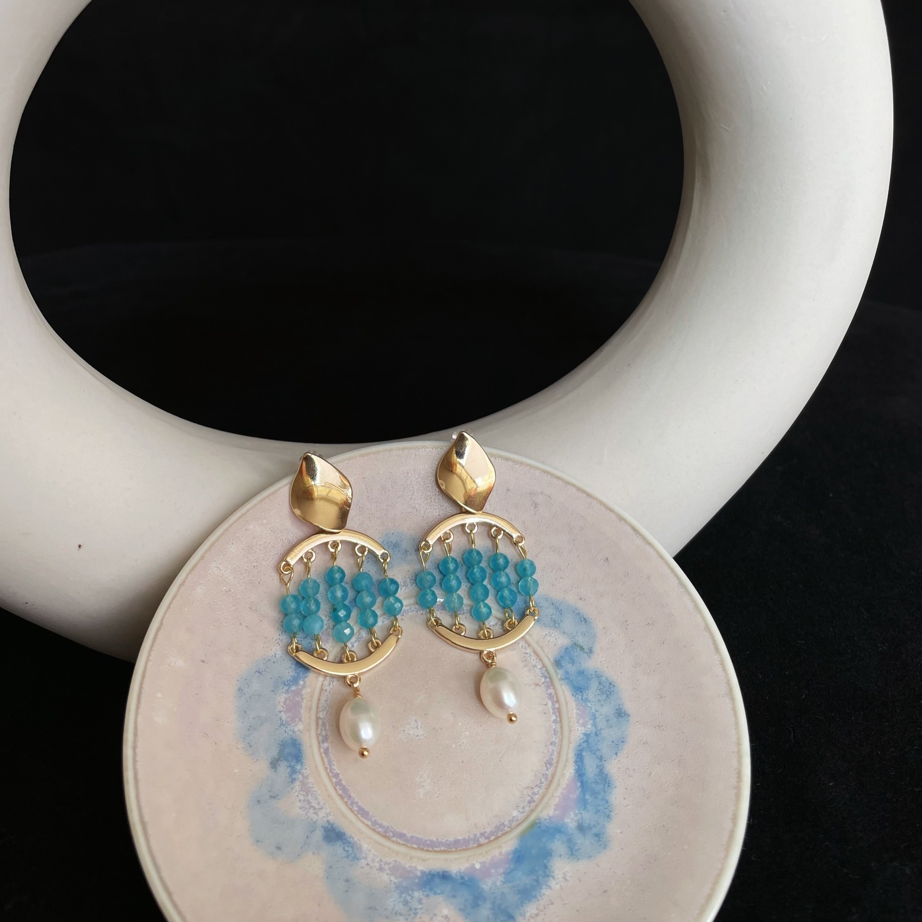 Handmade Blue Gemstone with Pearl Drop Azure Tide Earrings 