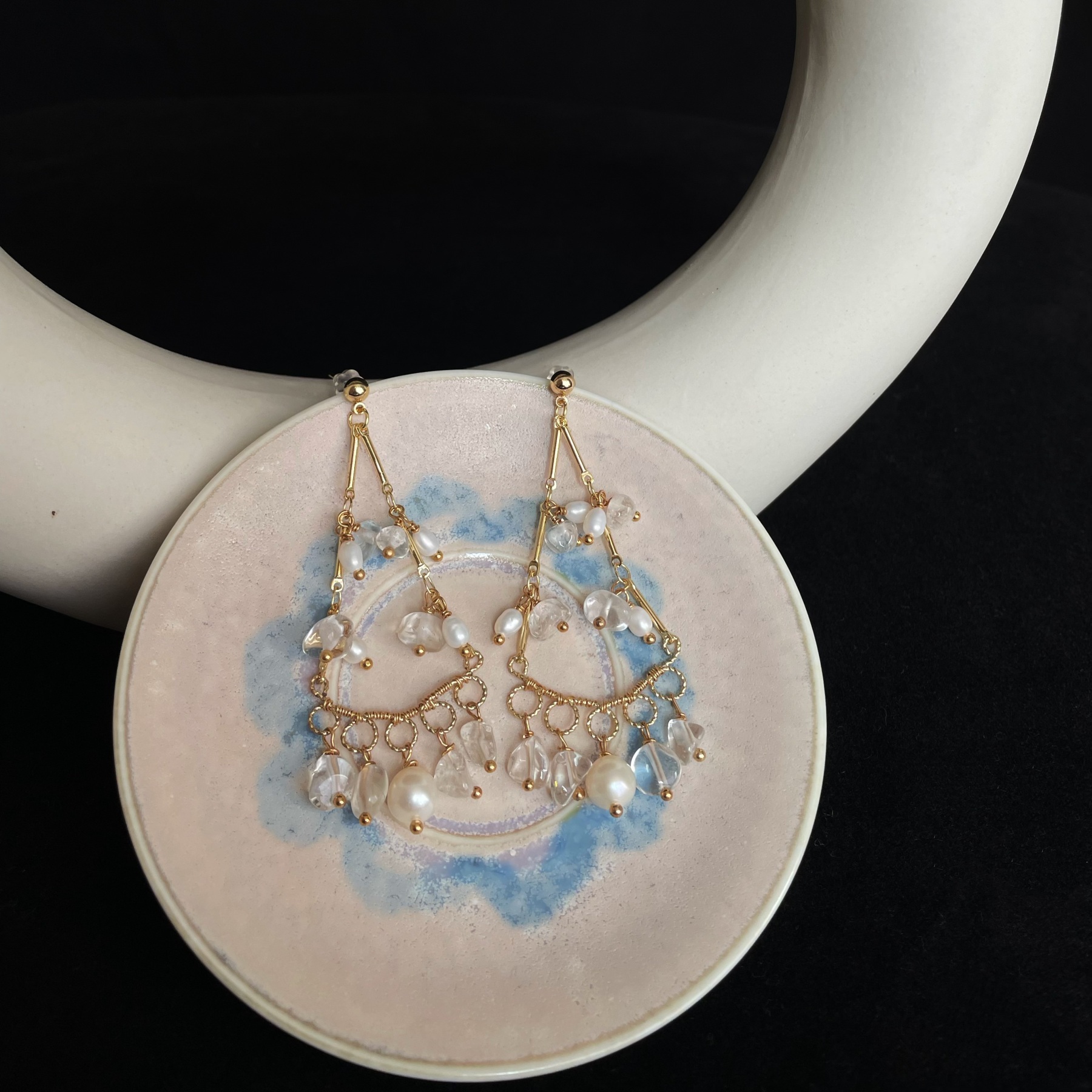 Handmade Clear Quartz and pearls Raindrop Elegance Earrings 