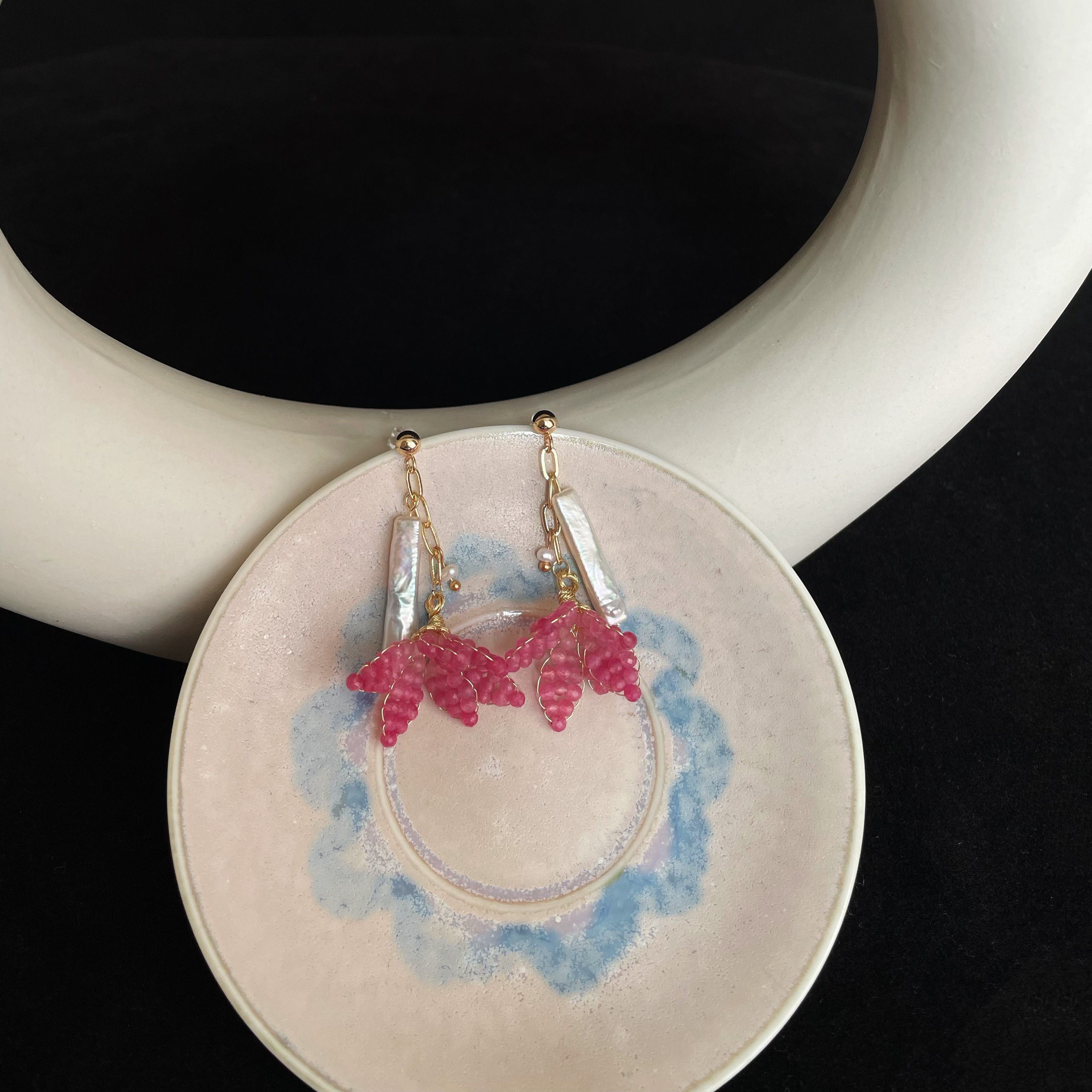 Handmade Pink Tourmaline and Baroque Pearls Blush Bloom Earrings 