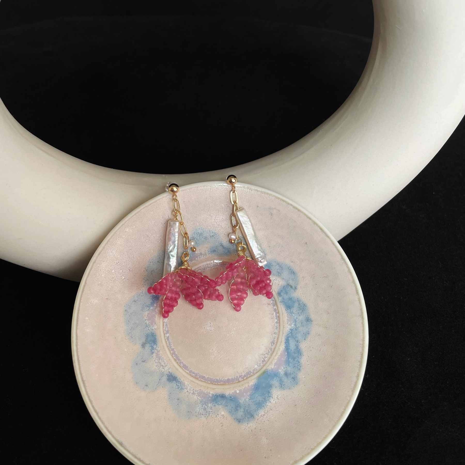 Handmade Pink Tourmaline and Baroque Pearls Blush Bloom Earrings 