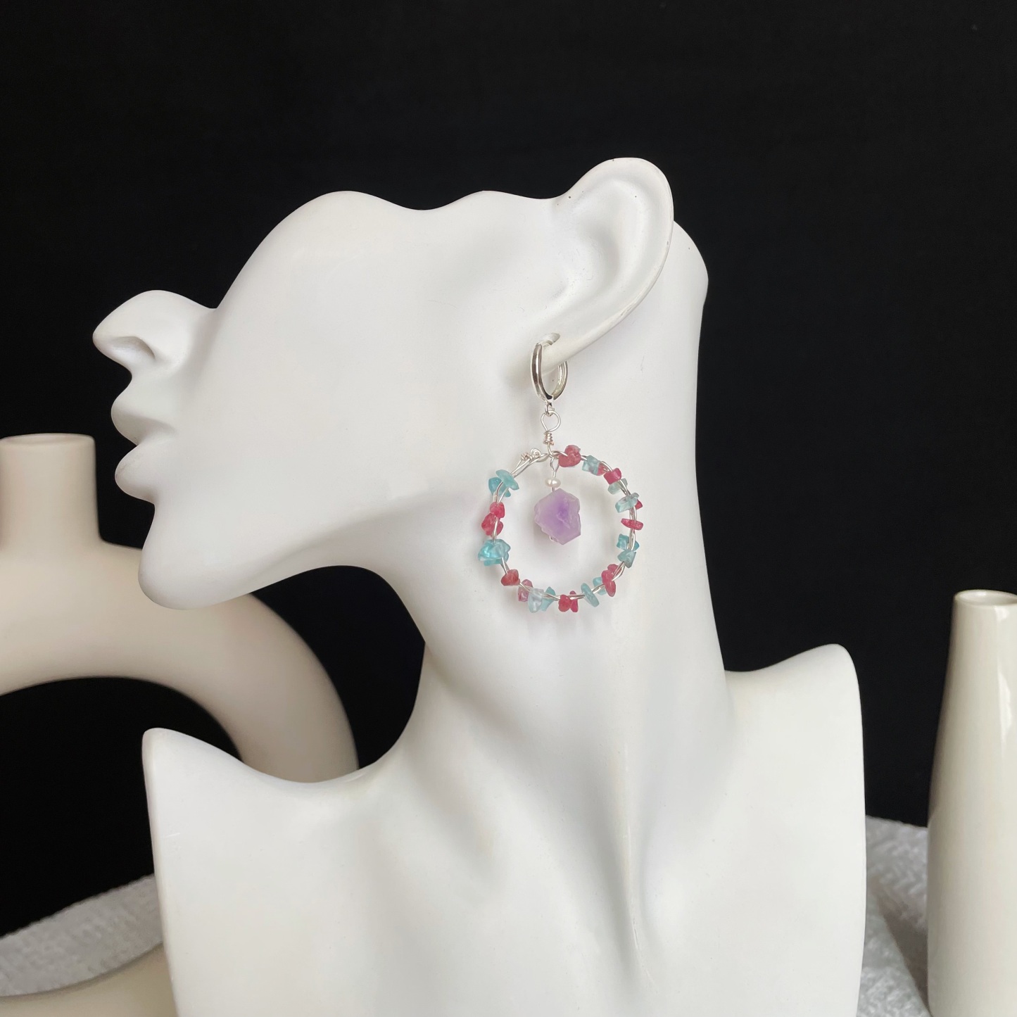 Handmade Woven Pink Tourmaline and Blue Apatite Garland with Amethyst Earrings