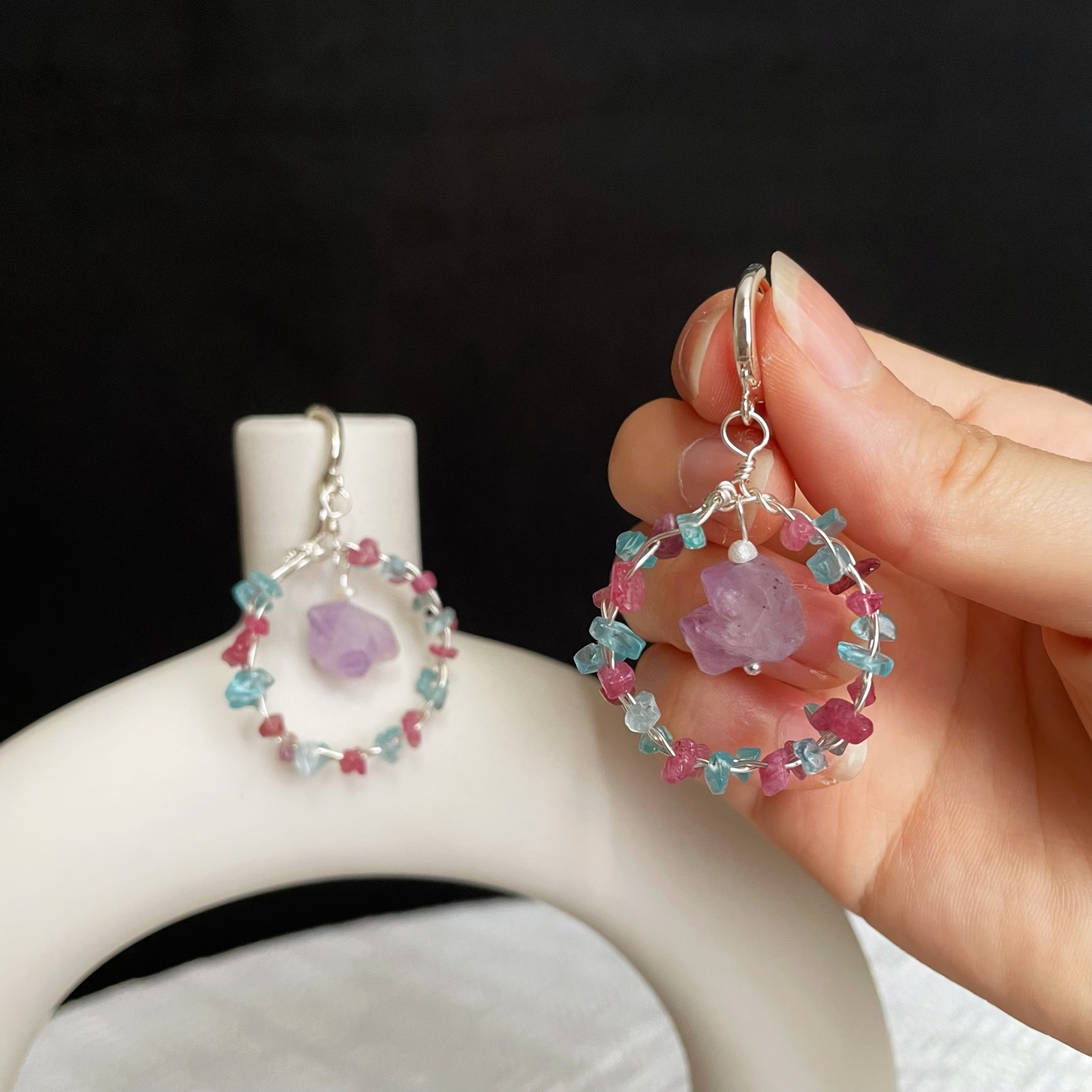 Handmade Woven Pink Tourmaline and Blue Apatite Garland with Amethyst Earrings