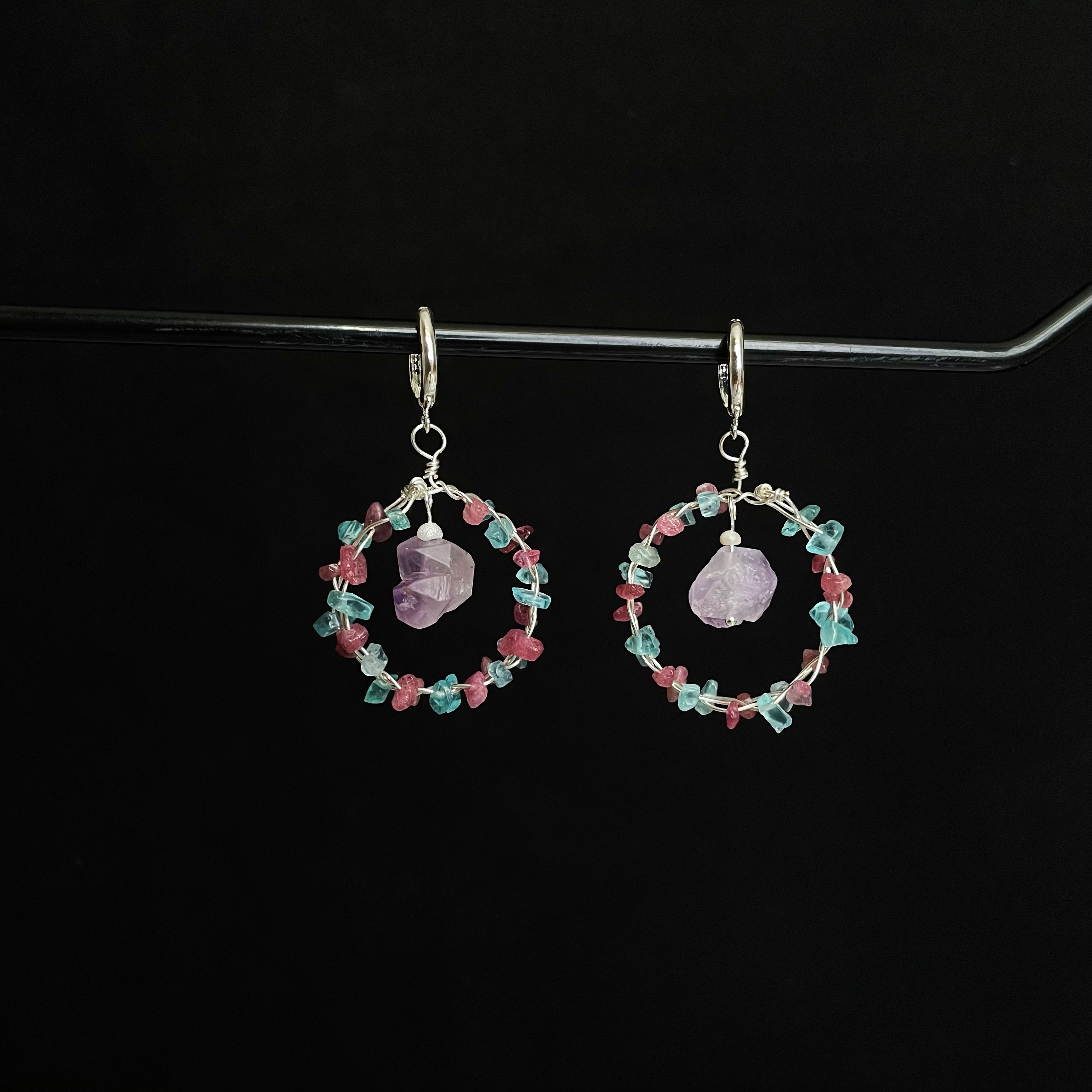 Handmade Woven Pink Tourmaline and Blue Apatite Garland with Amethyst Earrings