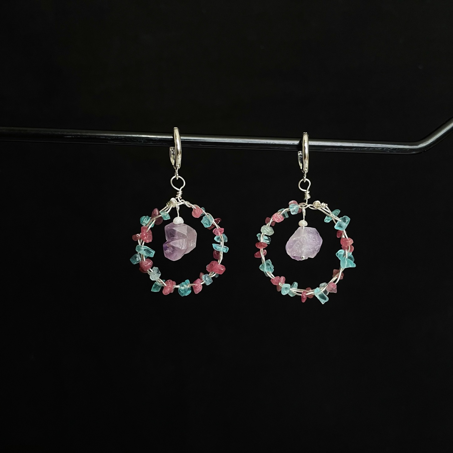 Handmade Woven Pink Tourmaline and Blue Apatite Garland with Amethyst Earrings
