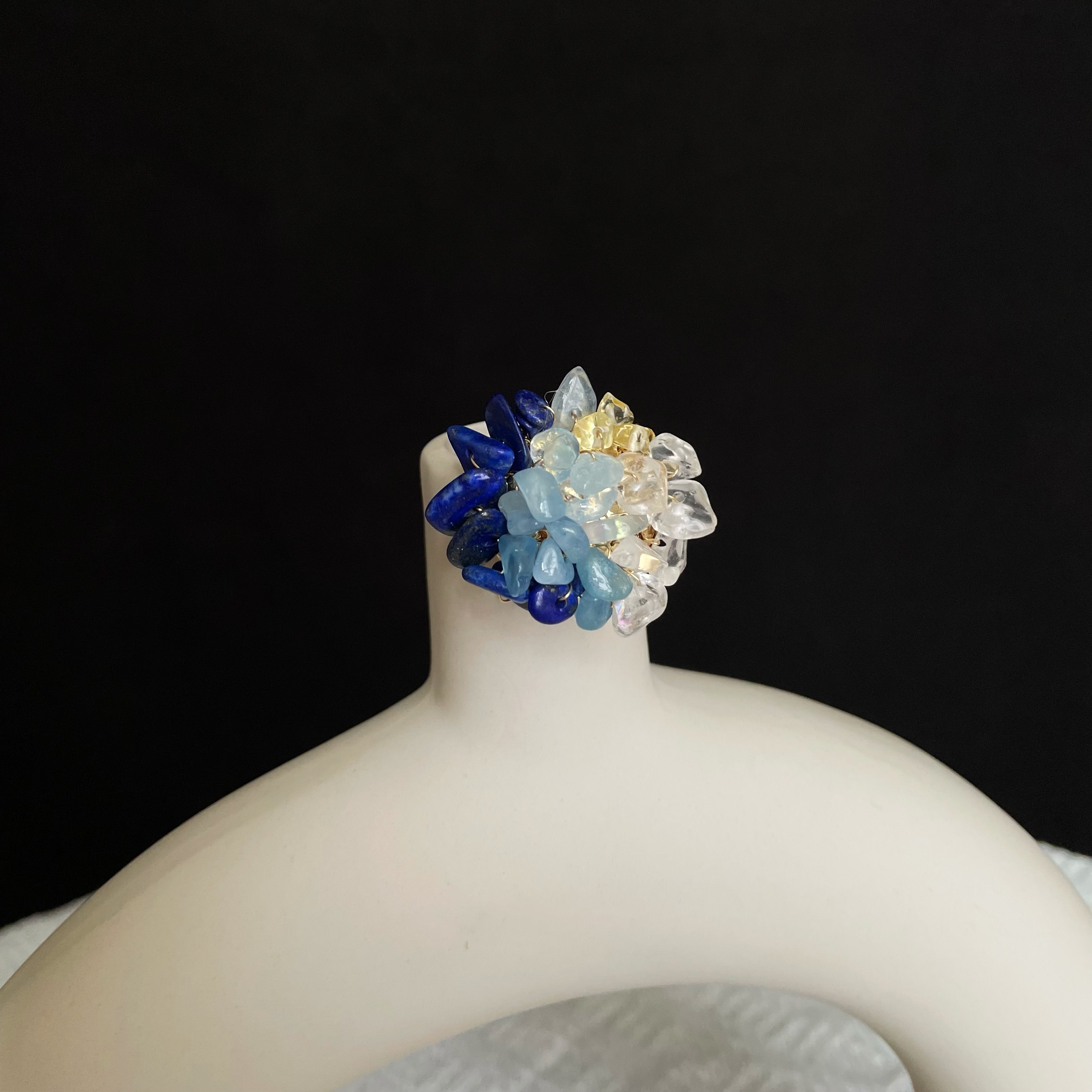 Handmade Sunlit Ocean Lapis Lazuli Aquamarine Citrine and Clear Quartz woven Brooch