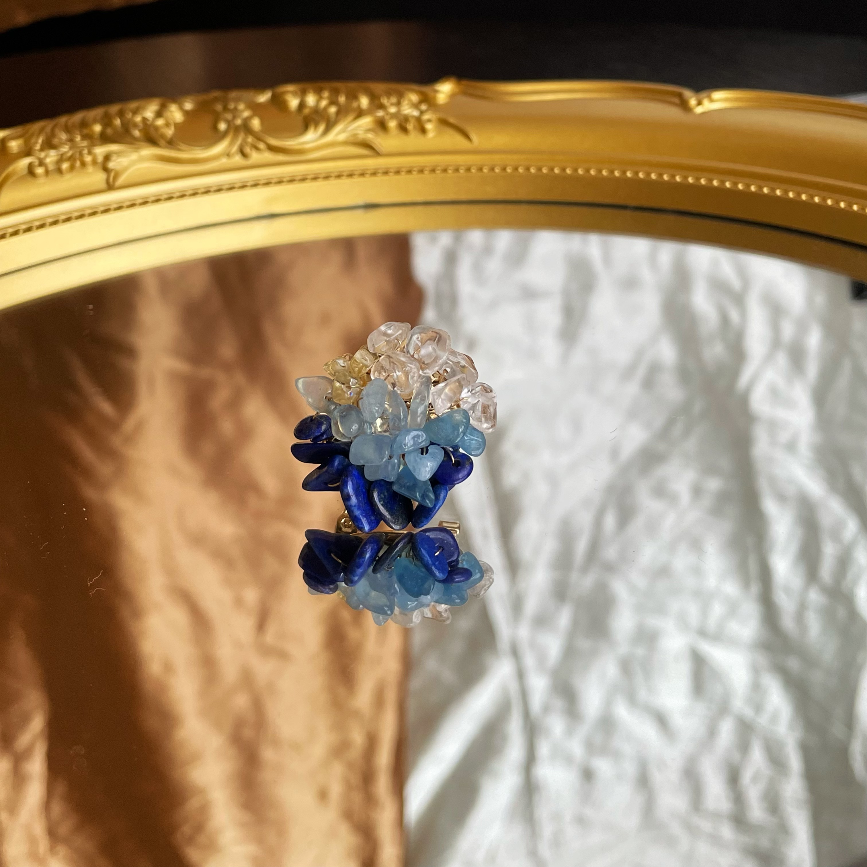 Handmade Sunlit Ocean Lapis Lazuli Aquamarine Citrine and Clear Quartz woven Brooch