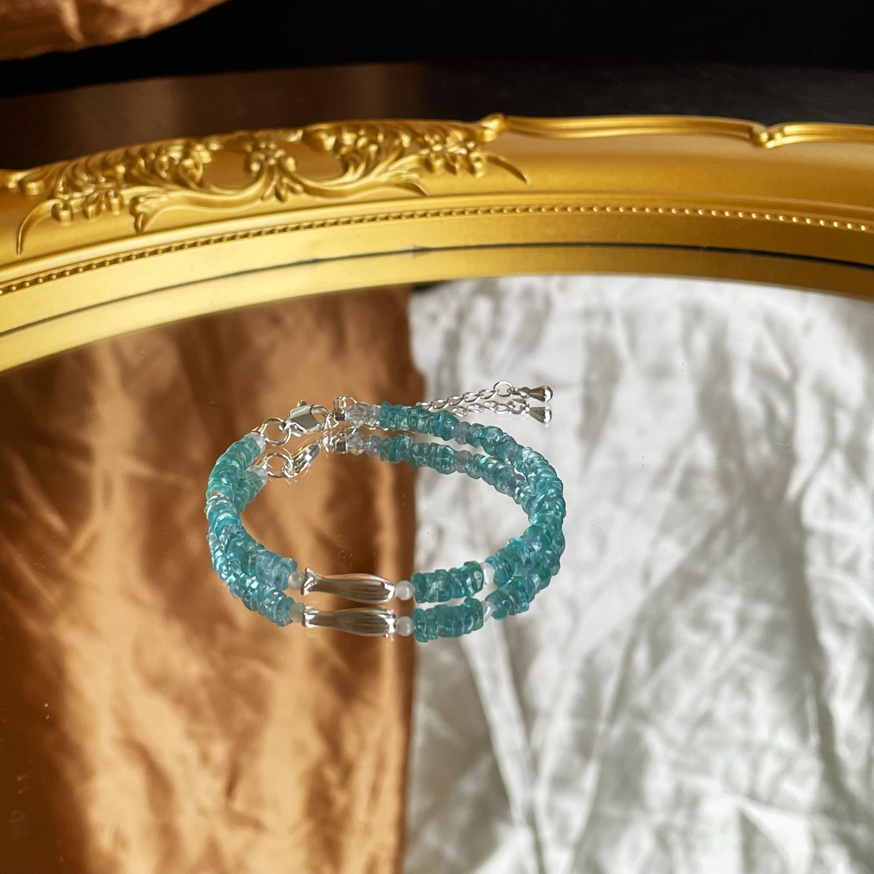 Handmade Playful Blue Apatite and Aquamarine with Silver Fish Bracelet