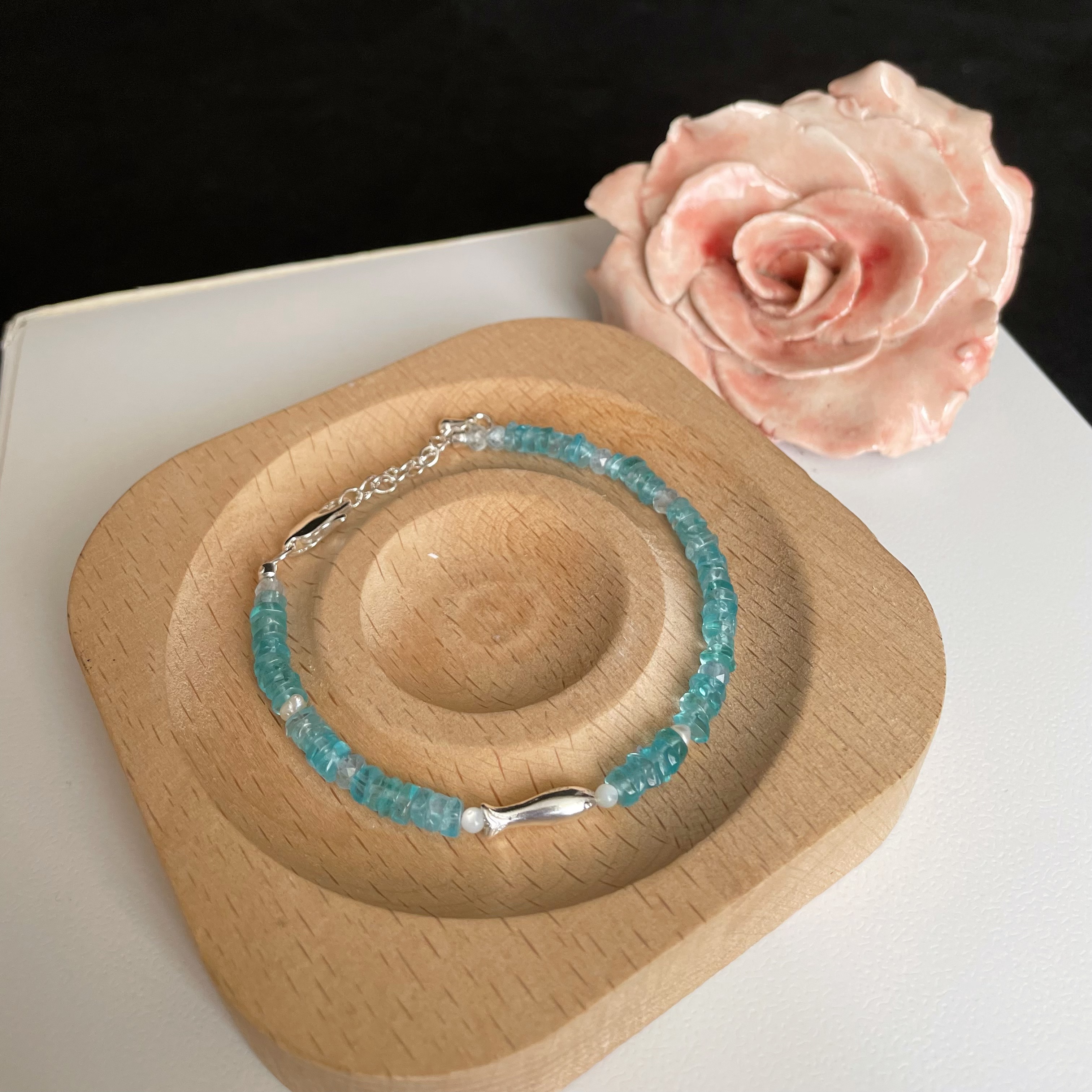 Handmade Playful Blue Apatite and Aquamarine with Silver Fish Bracelet