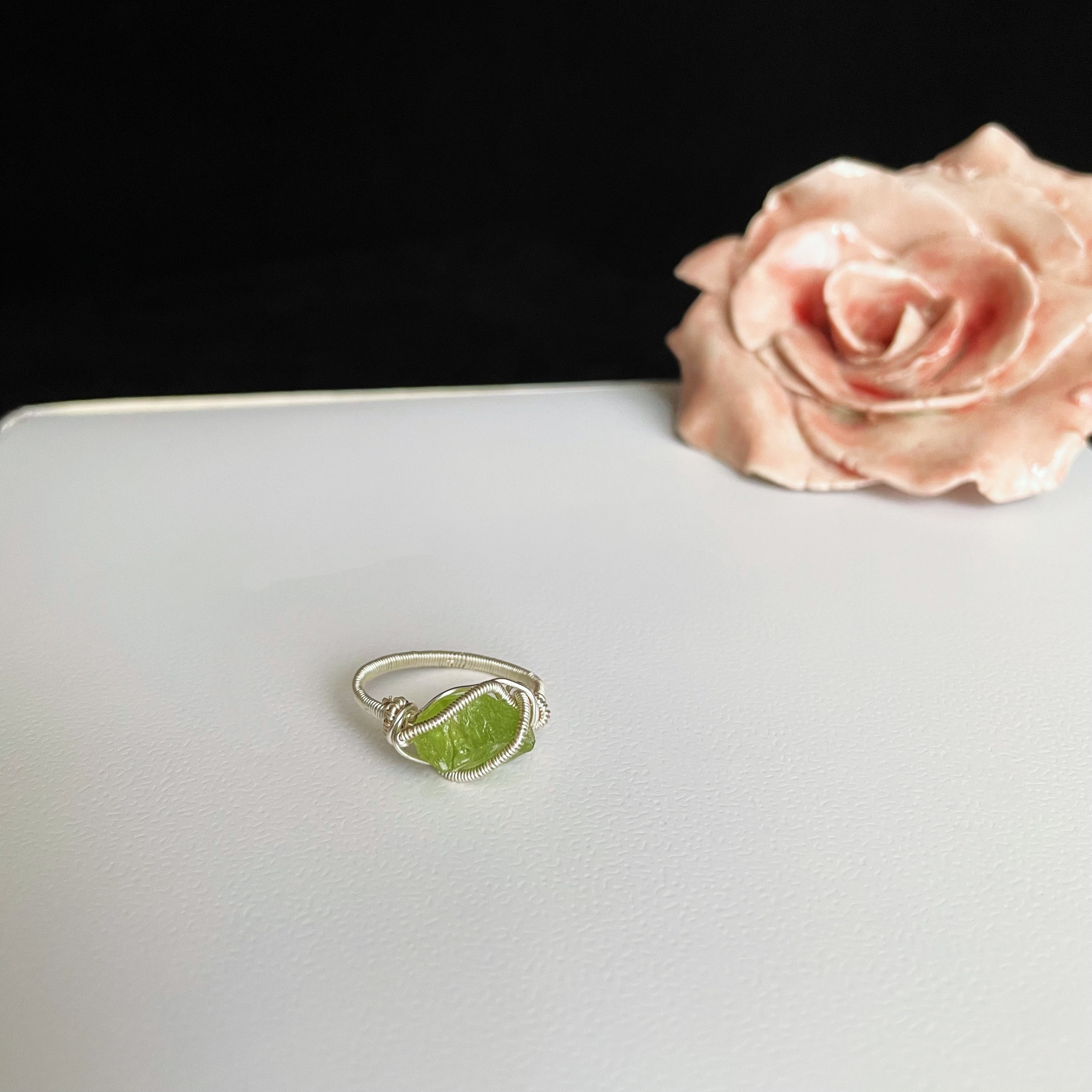 Handmade Raw Peridot Wire Wrapped Ring