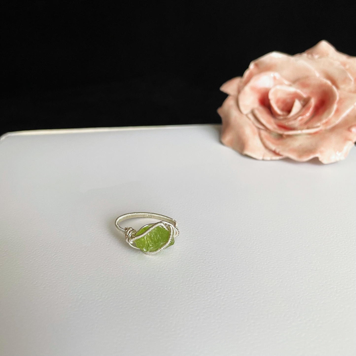 Handmade Raw Peridot Wire Wrapped Ring
