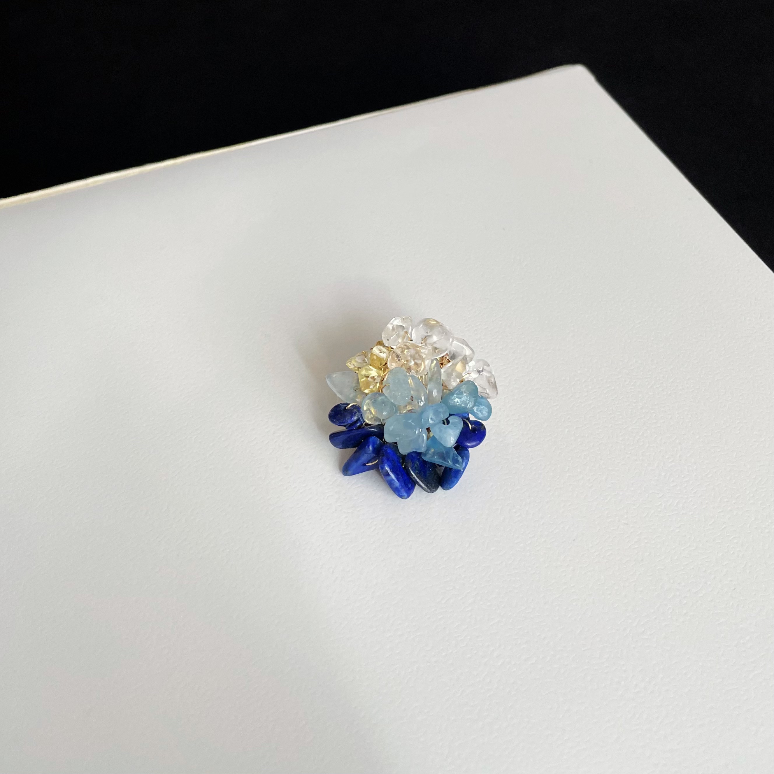 Handmade Sunlit Ocean Lapis Lazuli Aquamarine Citrine and Clear Quartz woven Brooch