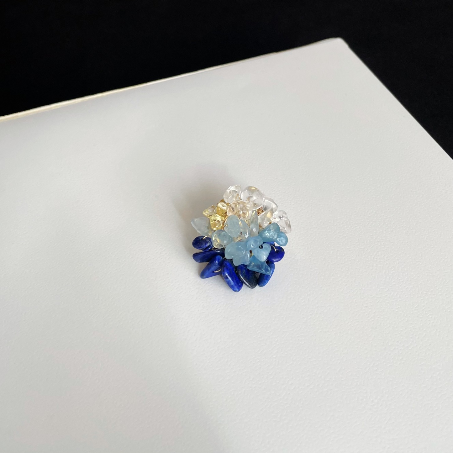 Handmade Sunlit Ocean Lapis Lazuli Aquamarine Citrine and Clear Quartz woven Brooch