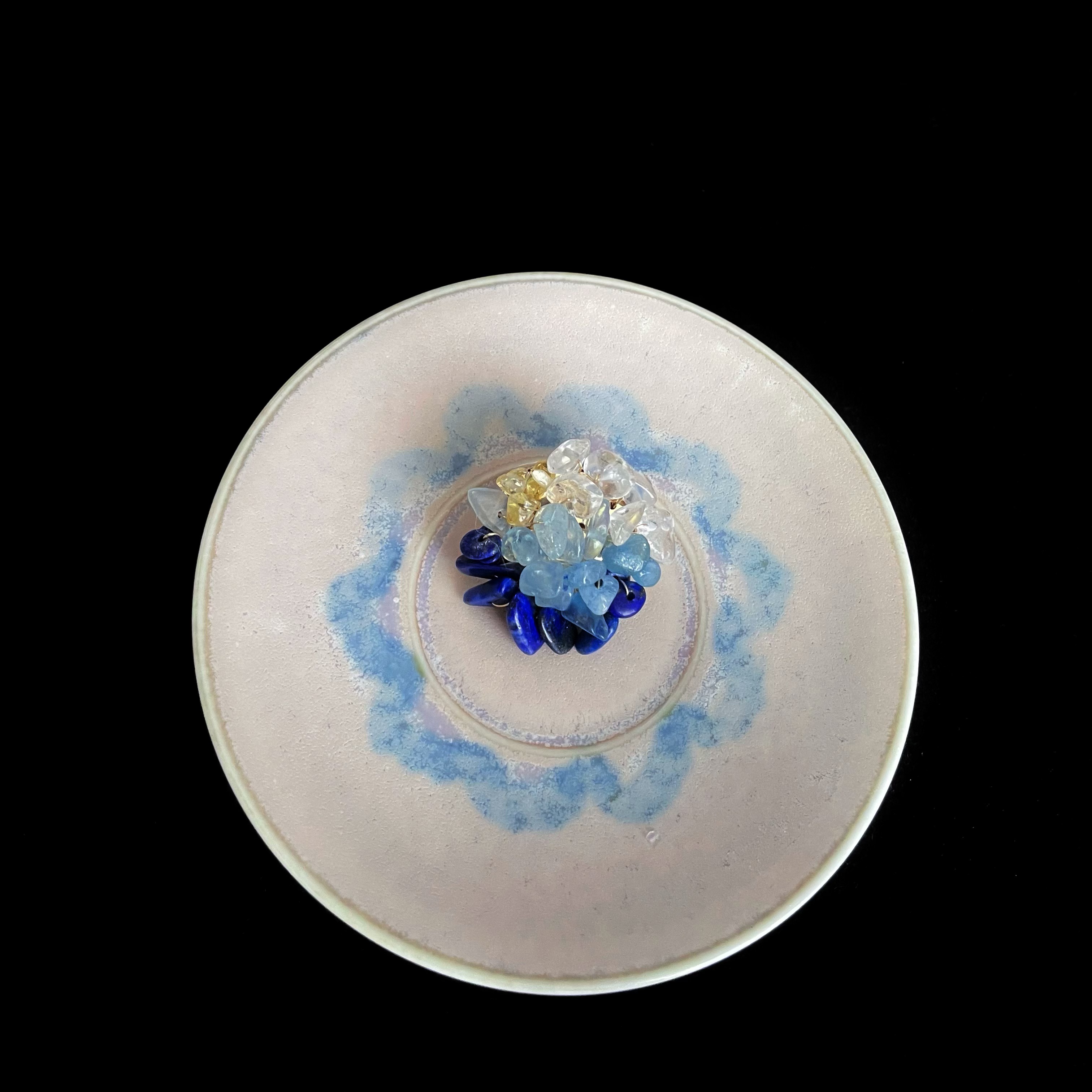 Handmade Sunlit Ocean Lapis Lazuli Aquamarine Citrine and Clear Quartz woven Brooch