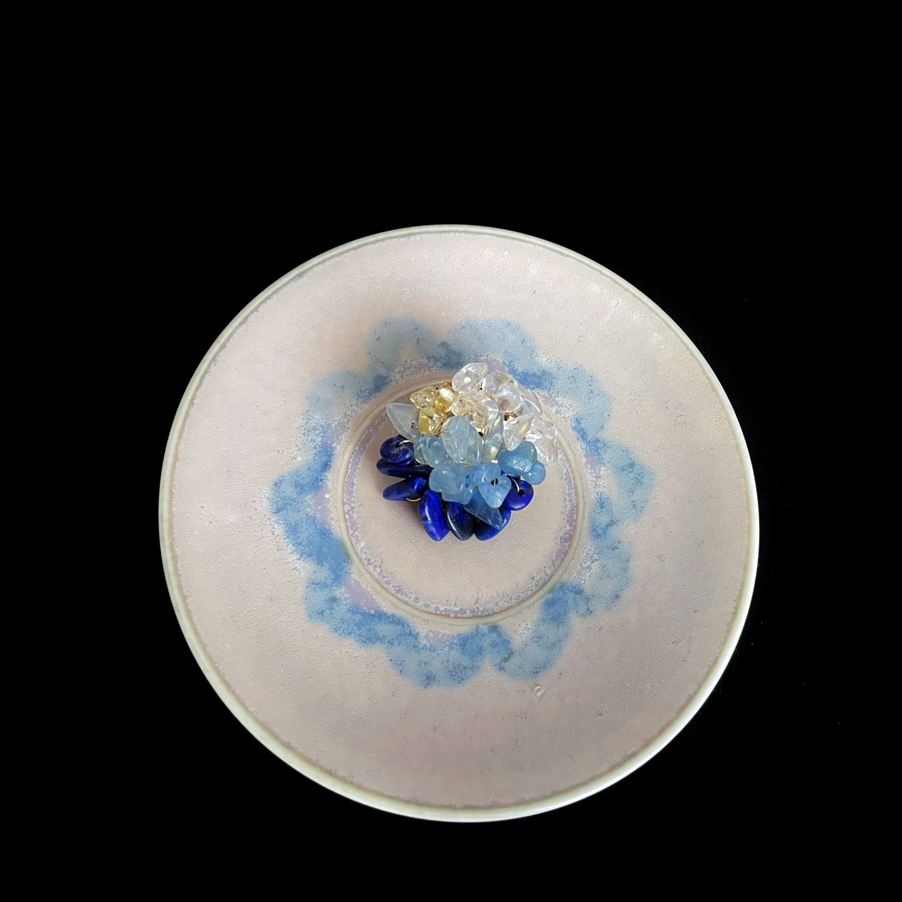 Handmade Sunlit Ocean Lapis Lazuli Aquamarine Citrine and Clear Quartz woven Brooch