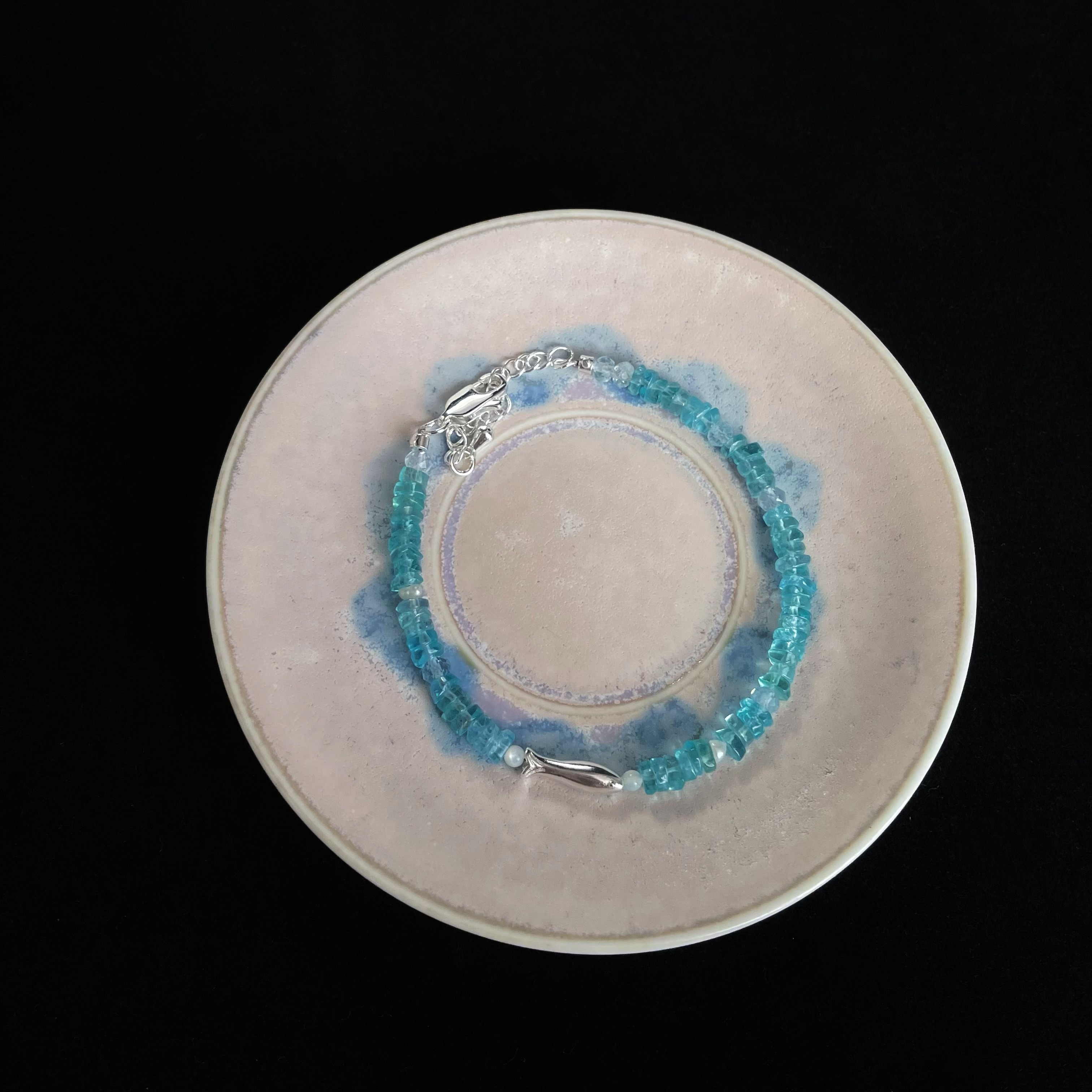 Handmade Playful Blue Apatite and Aquamarine with Silver Fish Bracelet