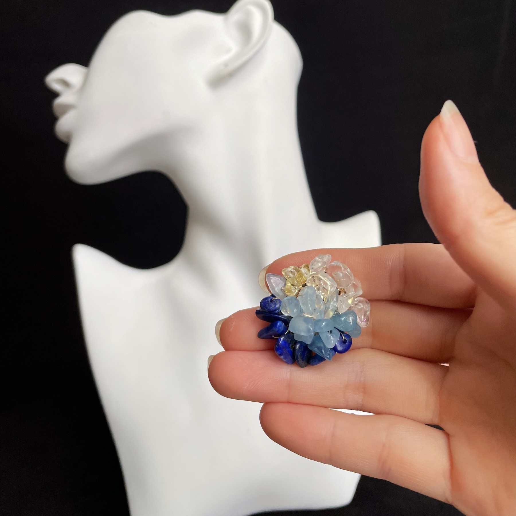 Handmade Sunlit Ocean Lapis Lazuli Aquamarine Citrine and Clear Quartz woven Brooch